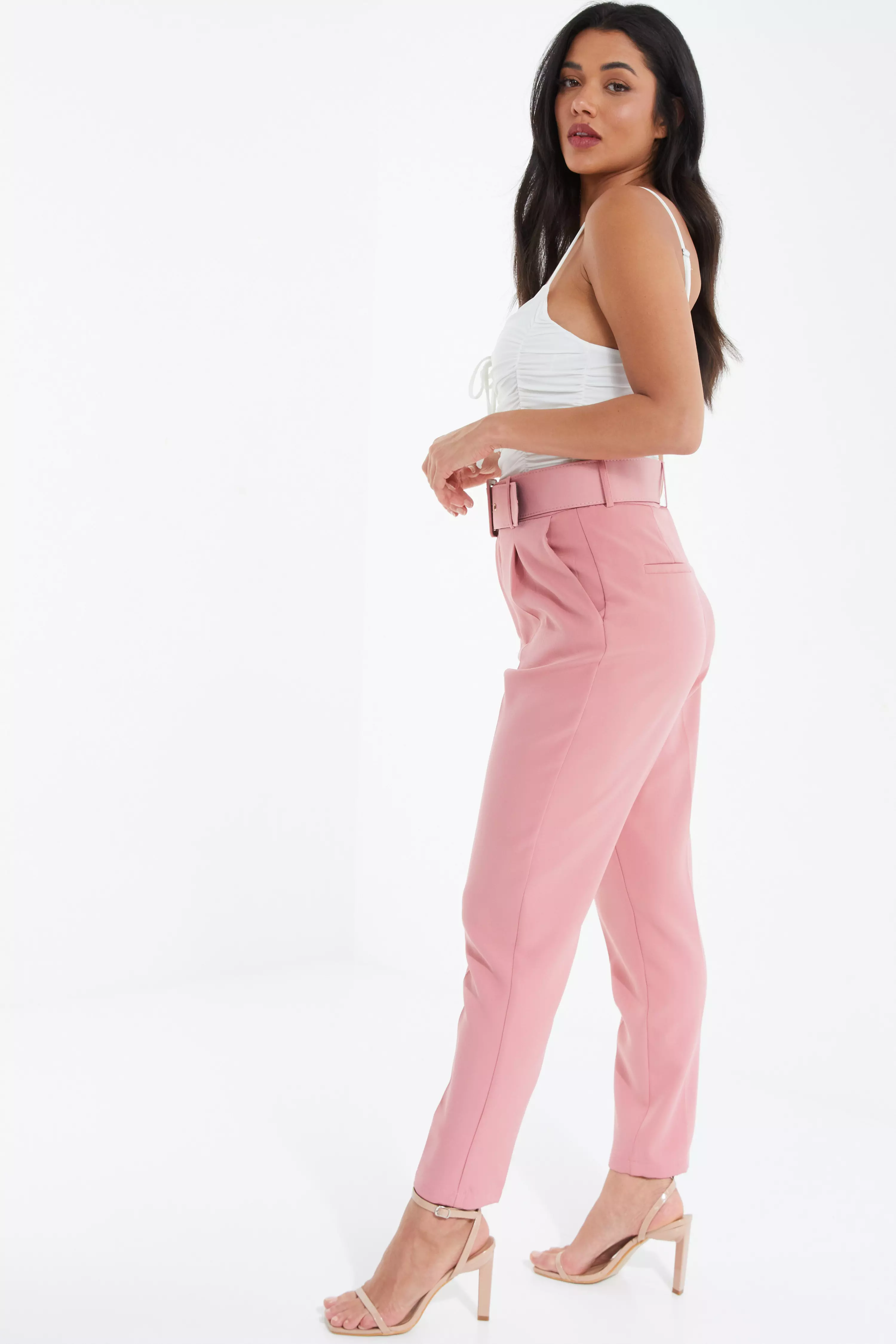 Pink Belted Tapered Trousers