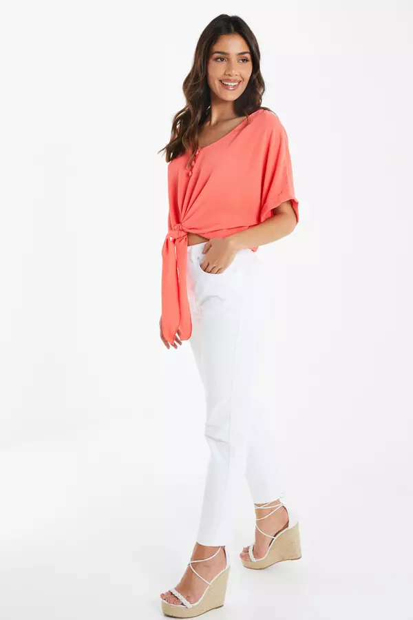 Coral Tie Front Batwing Top