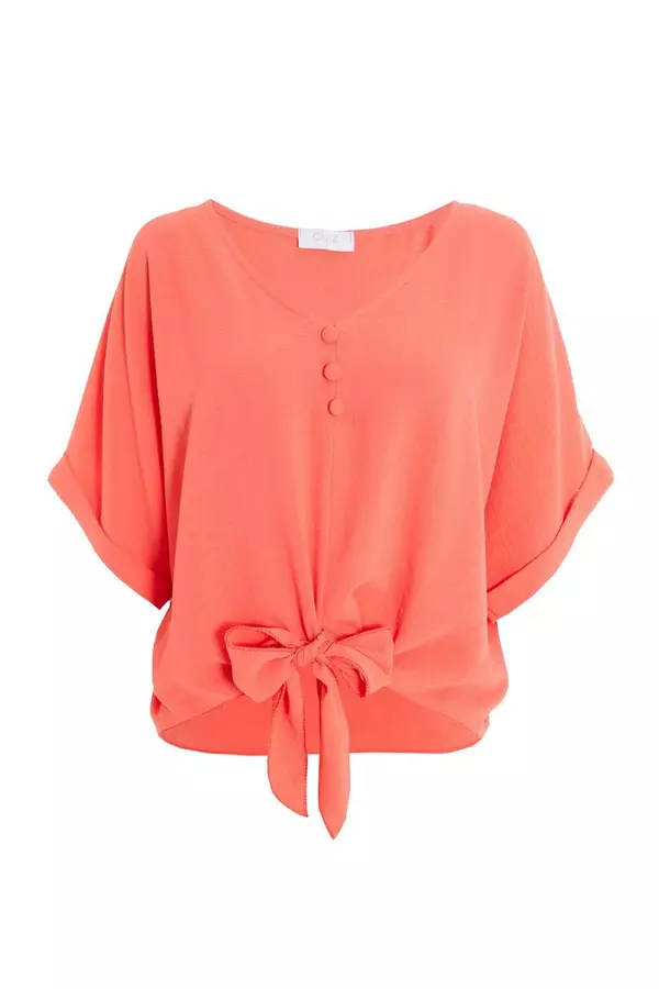 Coral Tie Front Batwing Top