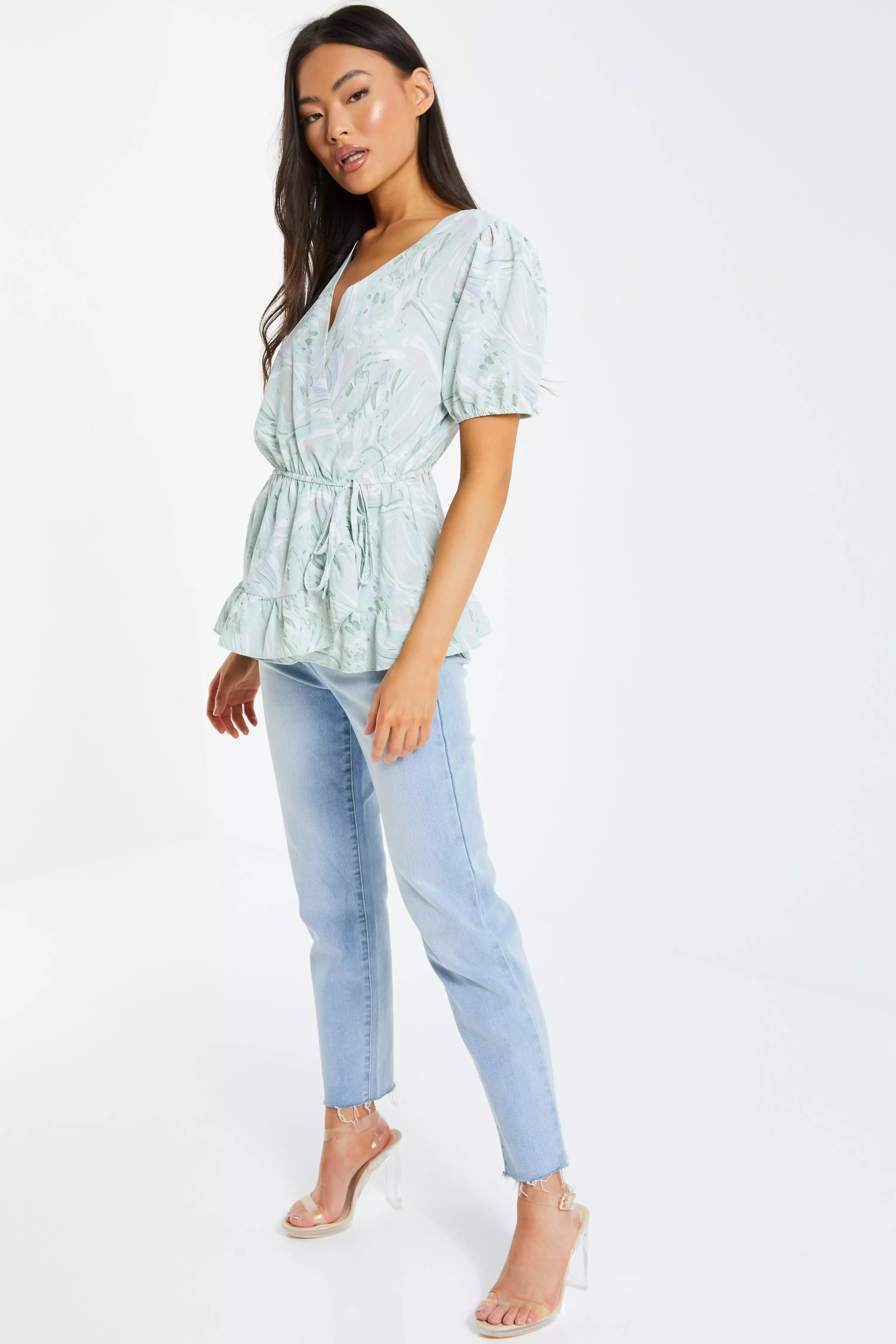 Mint Marble Print Wrap Peplum Top