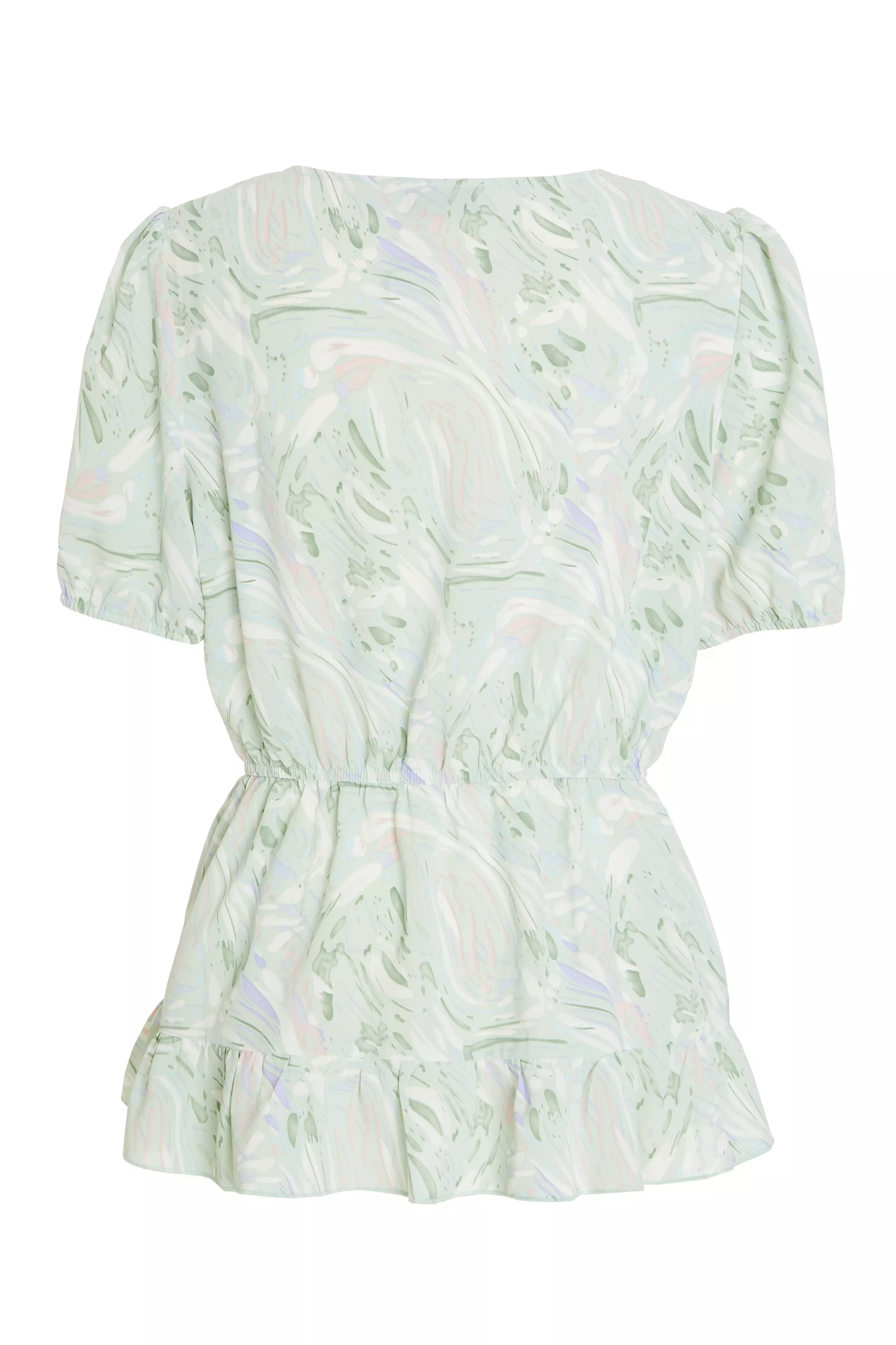 Mint Marble Print Wrap Peplum Top