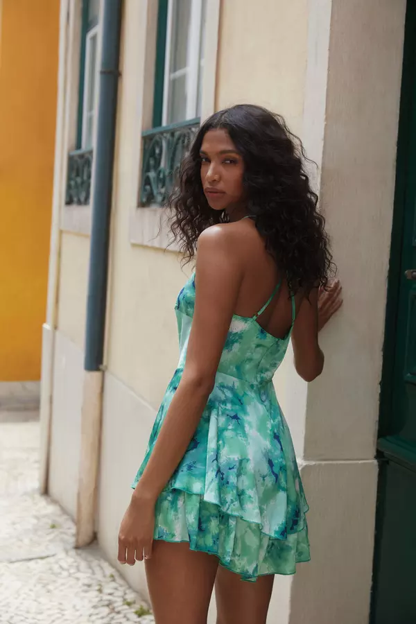 Green Marble Print Satin Frill Playsuit
