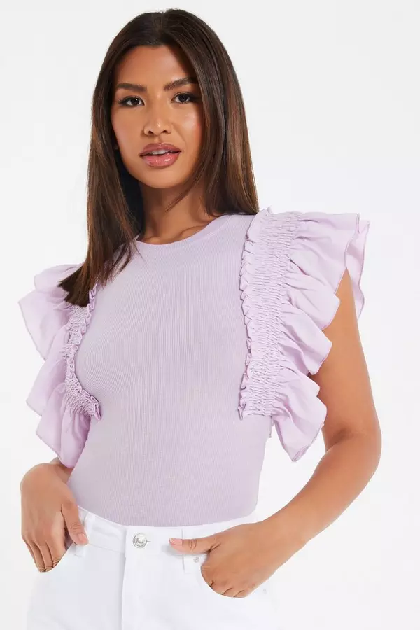 Lilac Ribbed Frill Sleeve Bodysuit