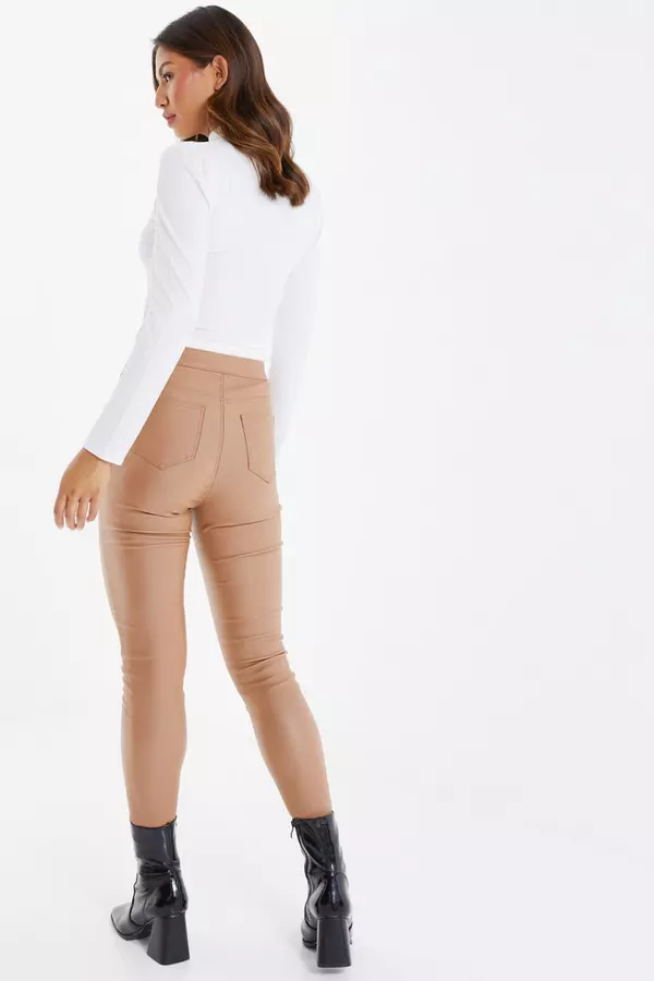 Cream Faux Leather Zip Skinny Trousers