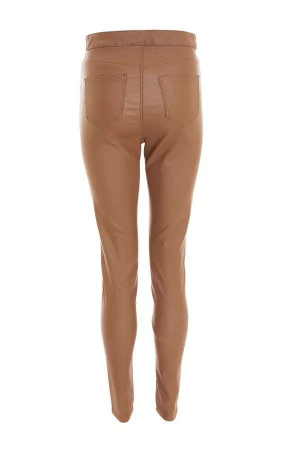 Cream Faux Leather Zip Skinny Trousers