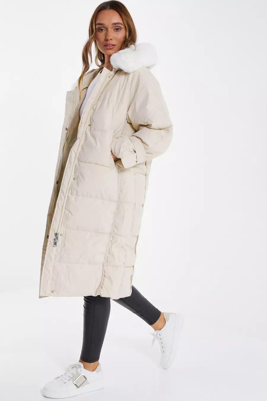 Cream Longline Padded Coat QUIZ Clothing