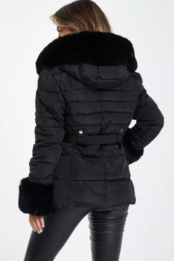 Black Padded Faux Fur Trim Jacket