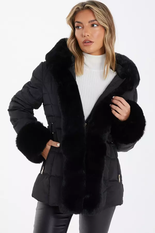 Black Padded Faux Fur Trim Jacket