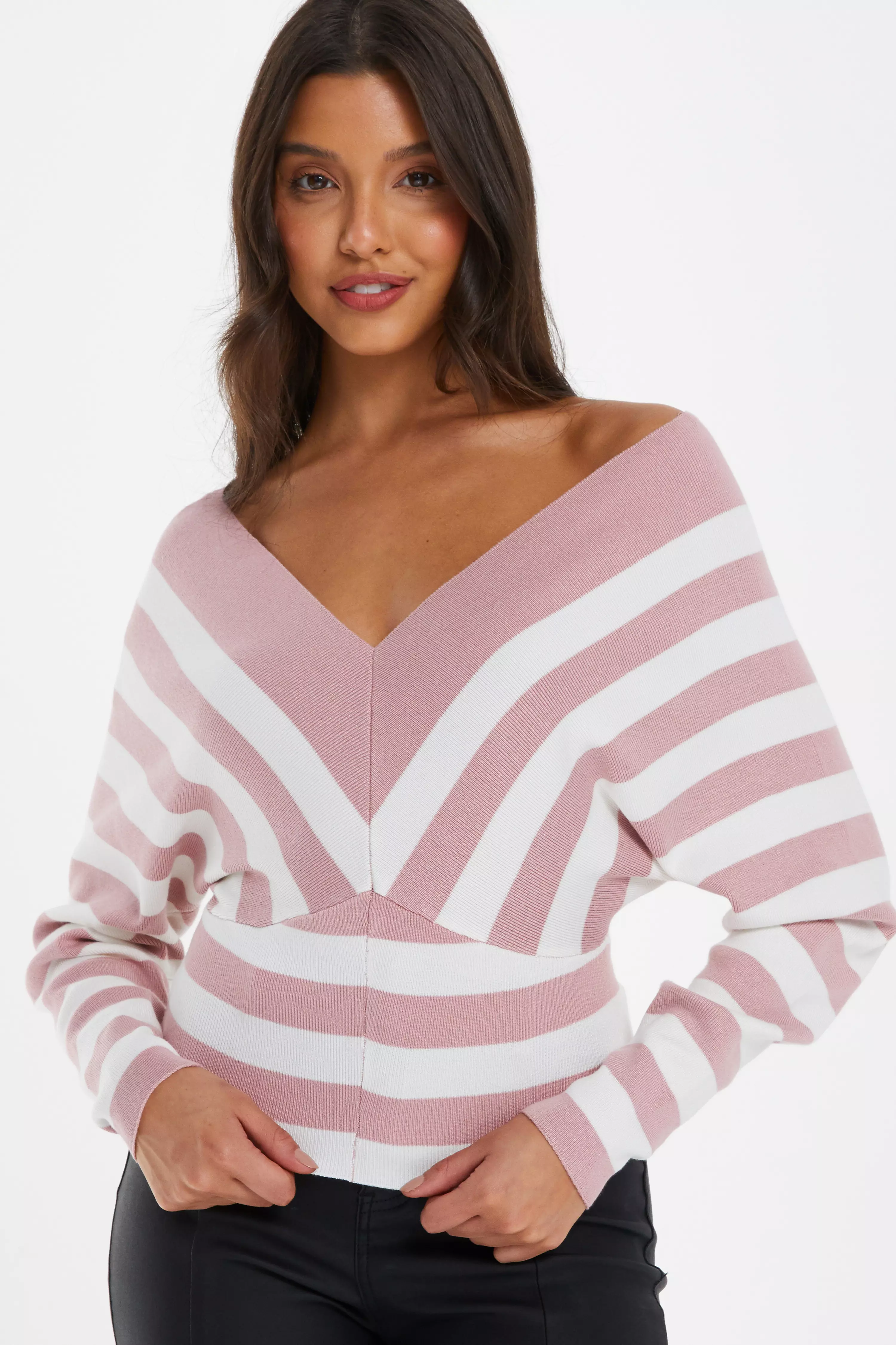 Pink Stripe Knitted Batwing Jumper