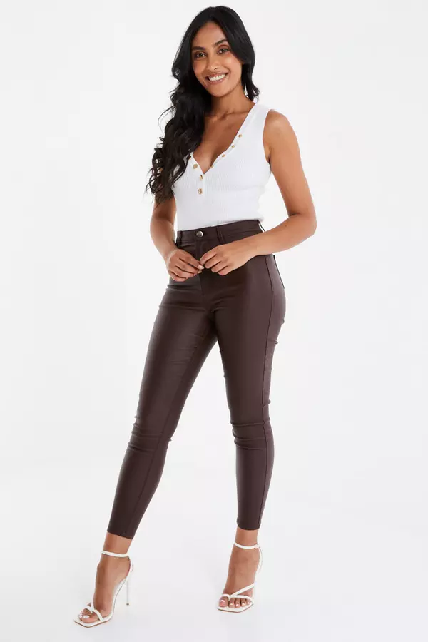 Petite Brown Faux Leather Skinny Jeans
