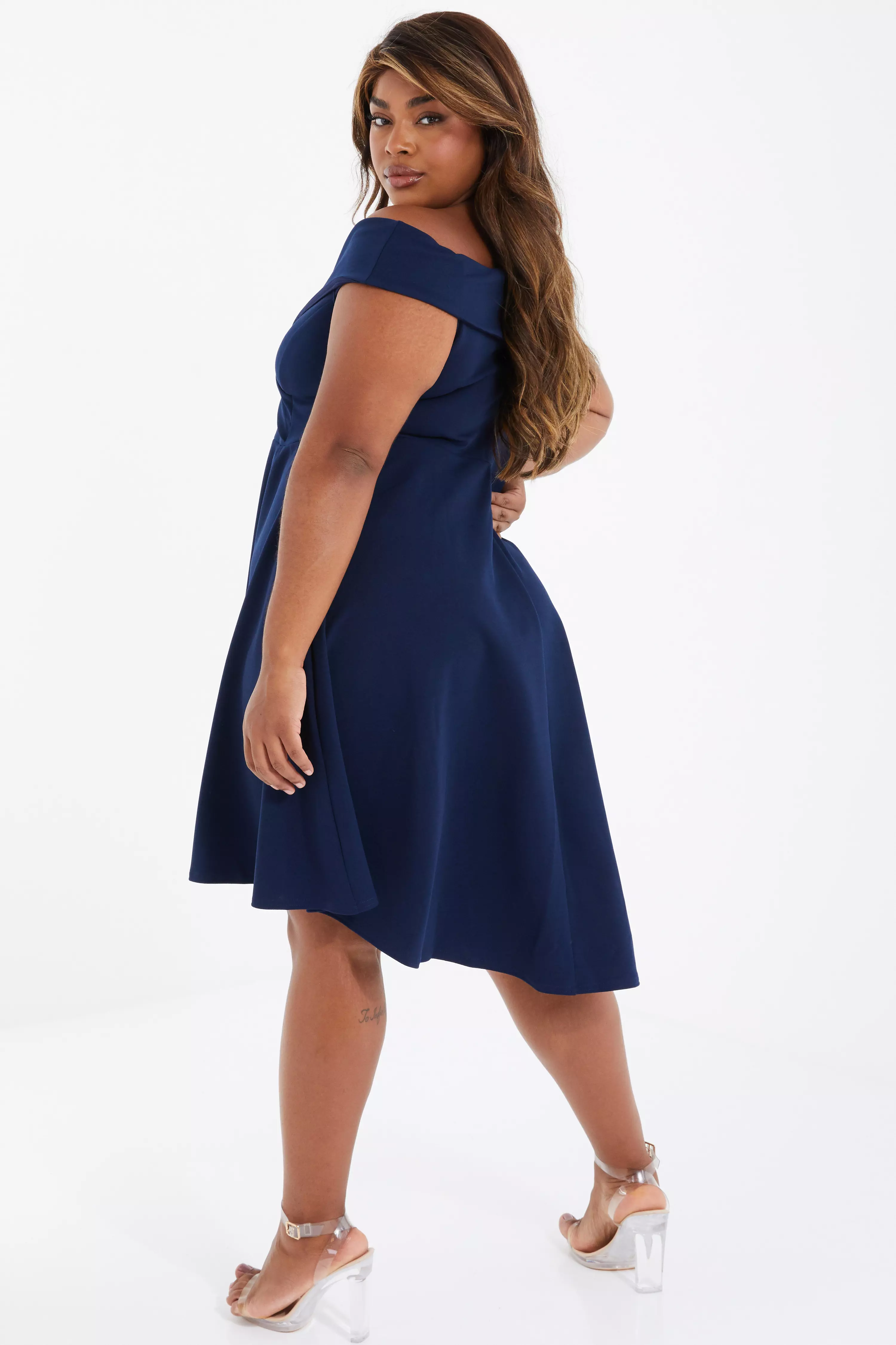 Curve Navy Bardot Skater Dress