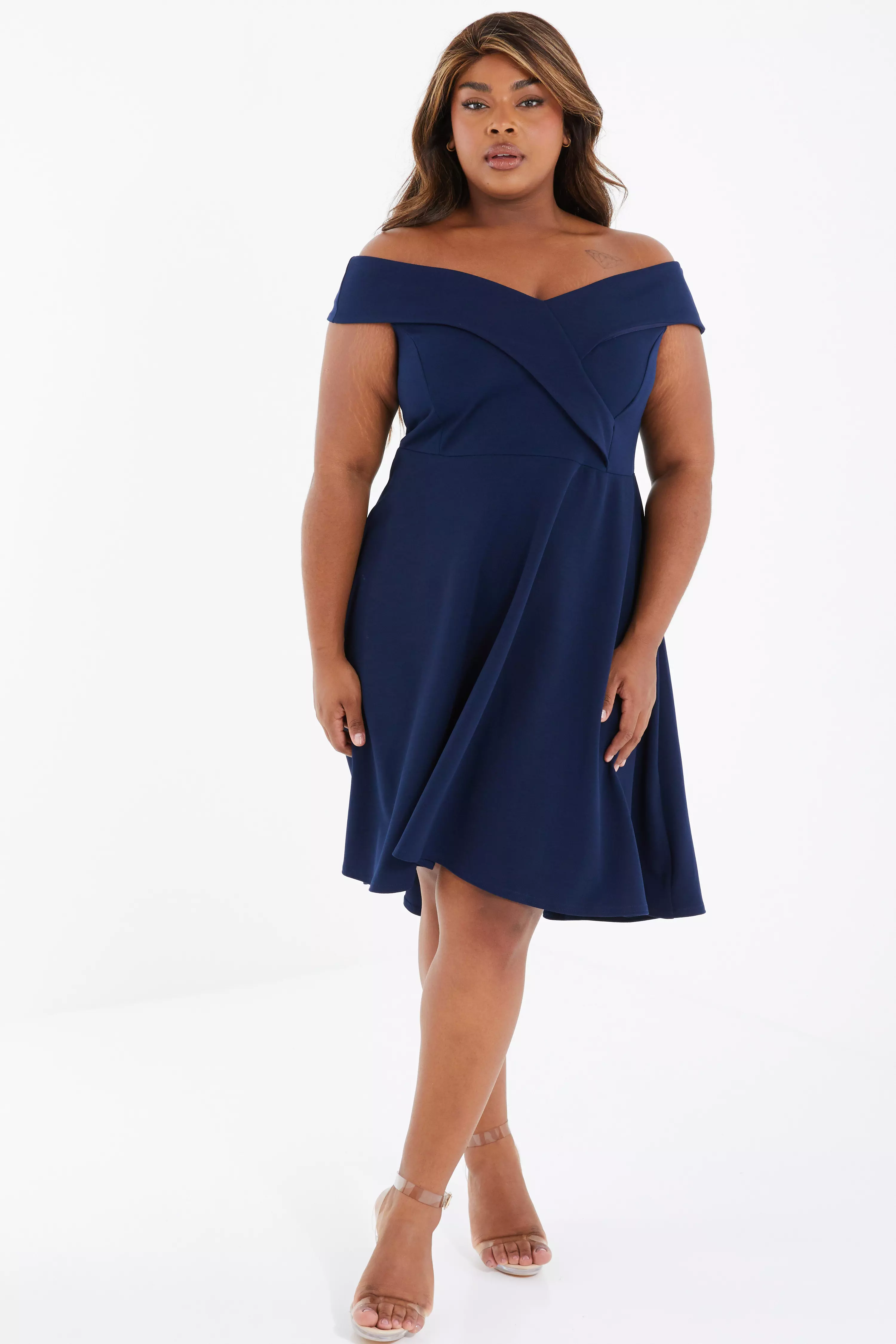 Curve Navy Bardot Skater Dress