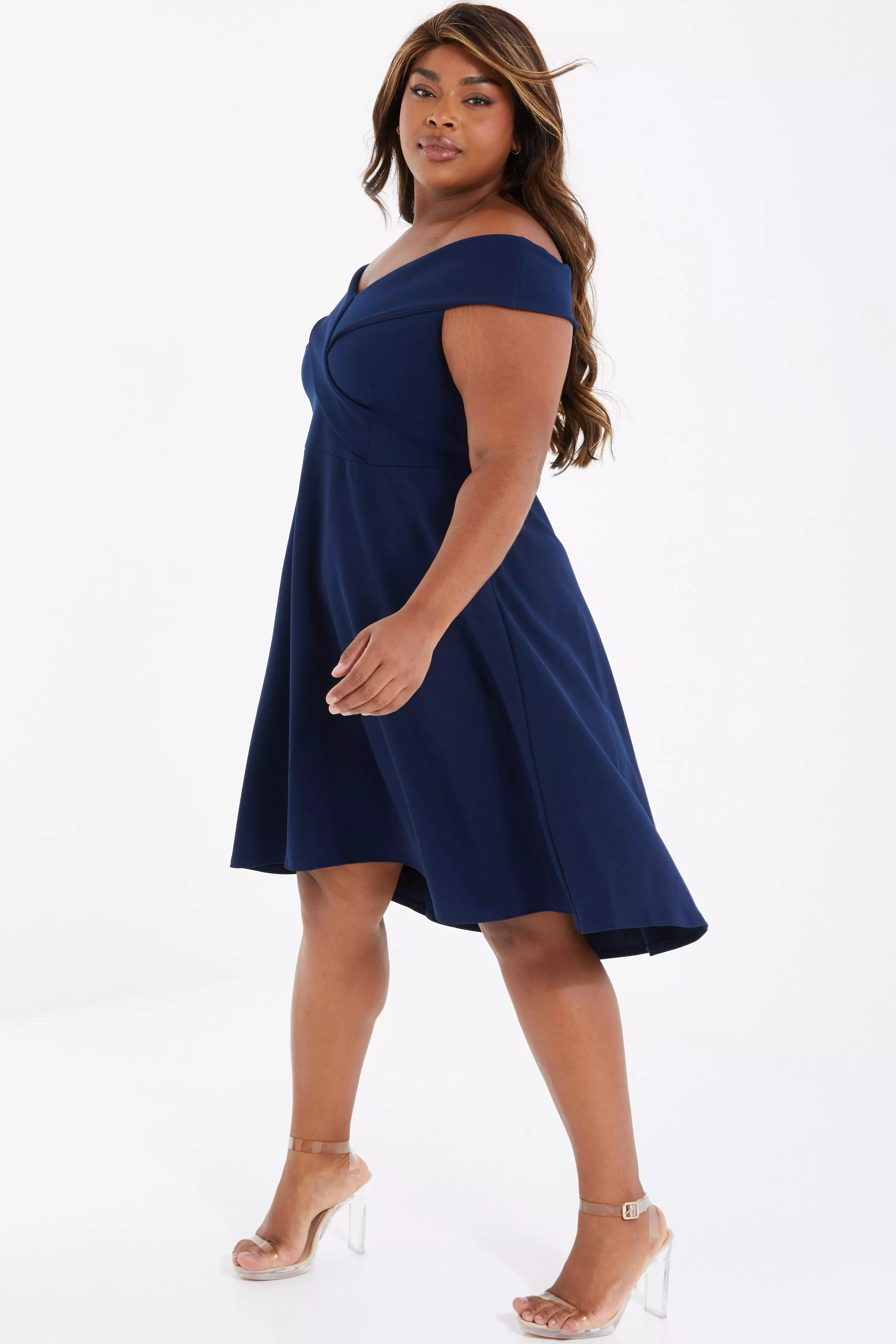 Curve Navy Bardot Skater Dress