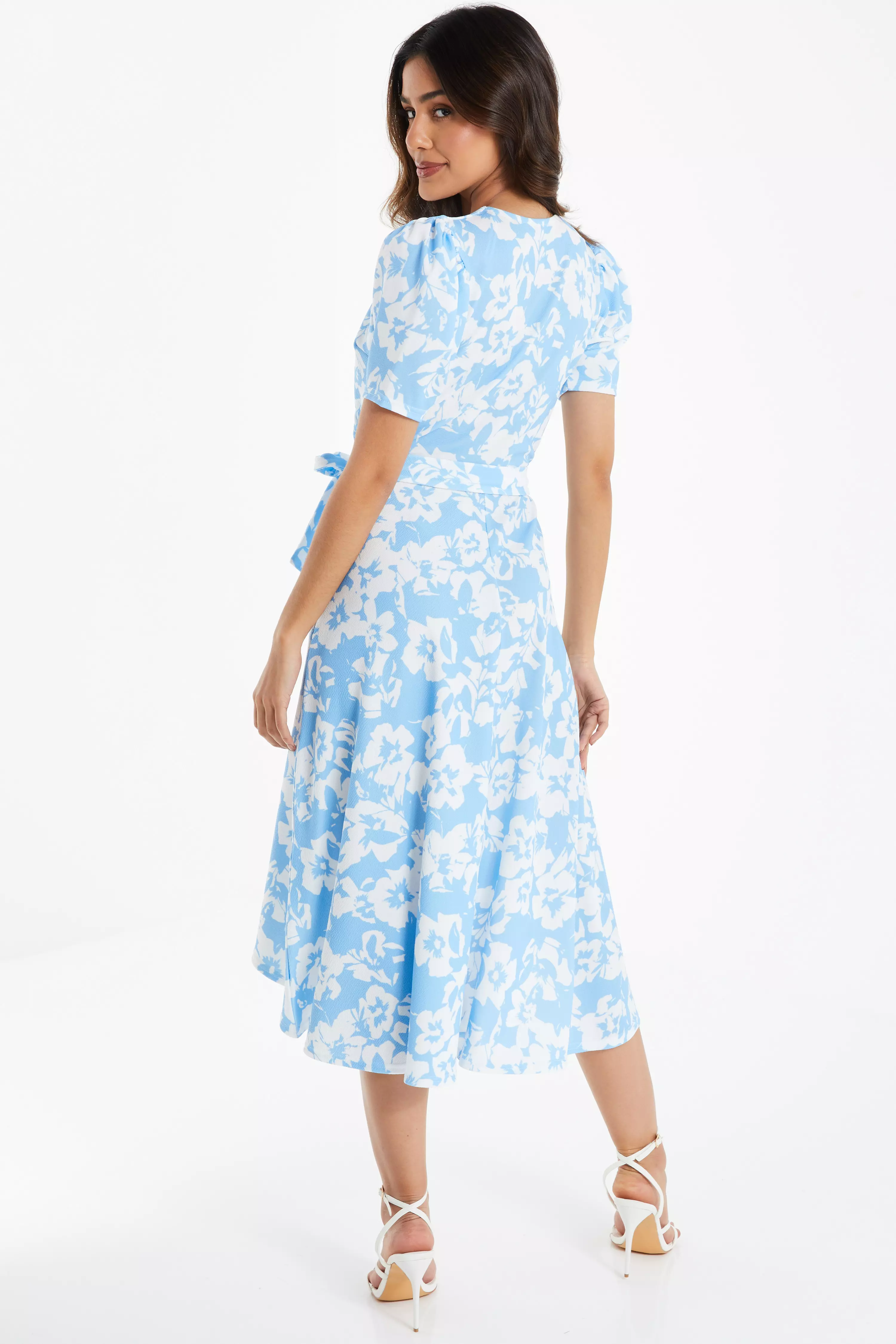 Blue Floral Print Wrap Midi Dress