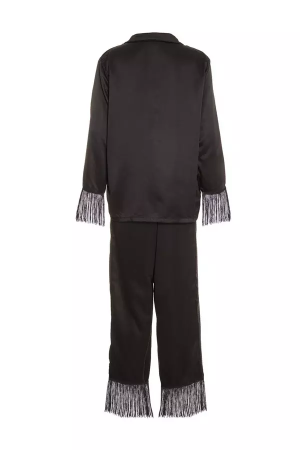Black Satin Fringe Long Pyjama Set