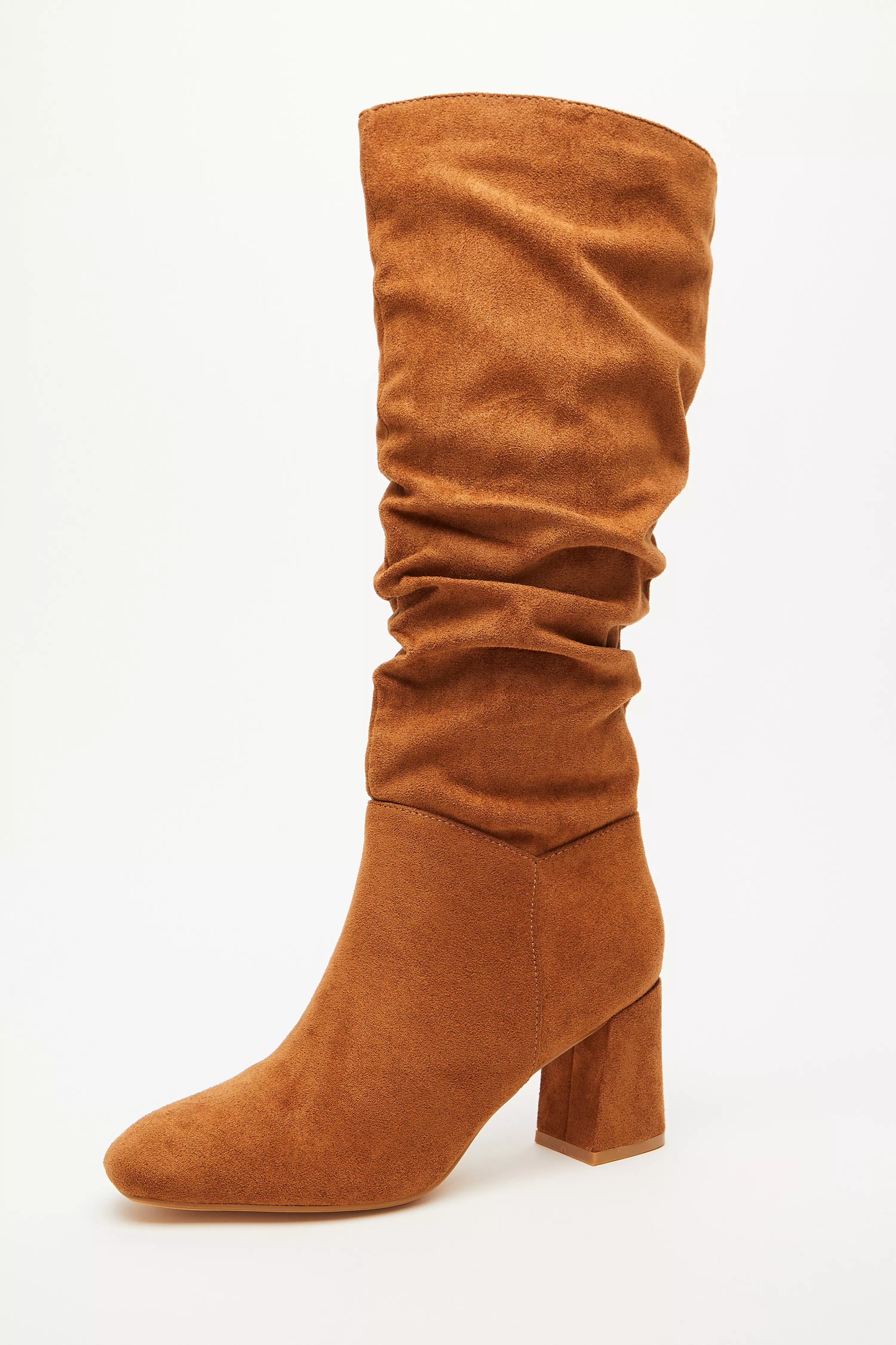 Tan Faux Suede Ruched Heeled Boots