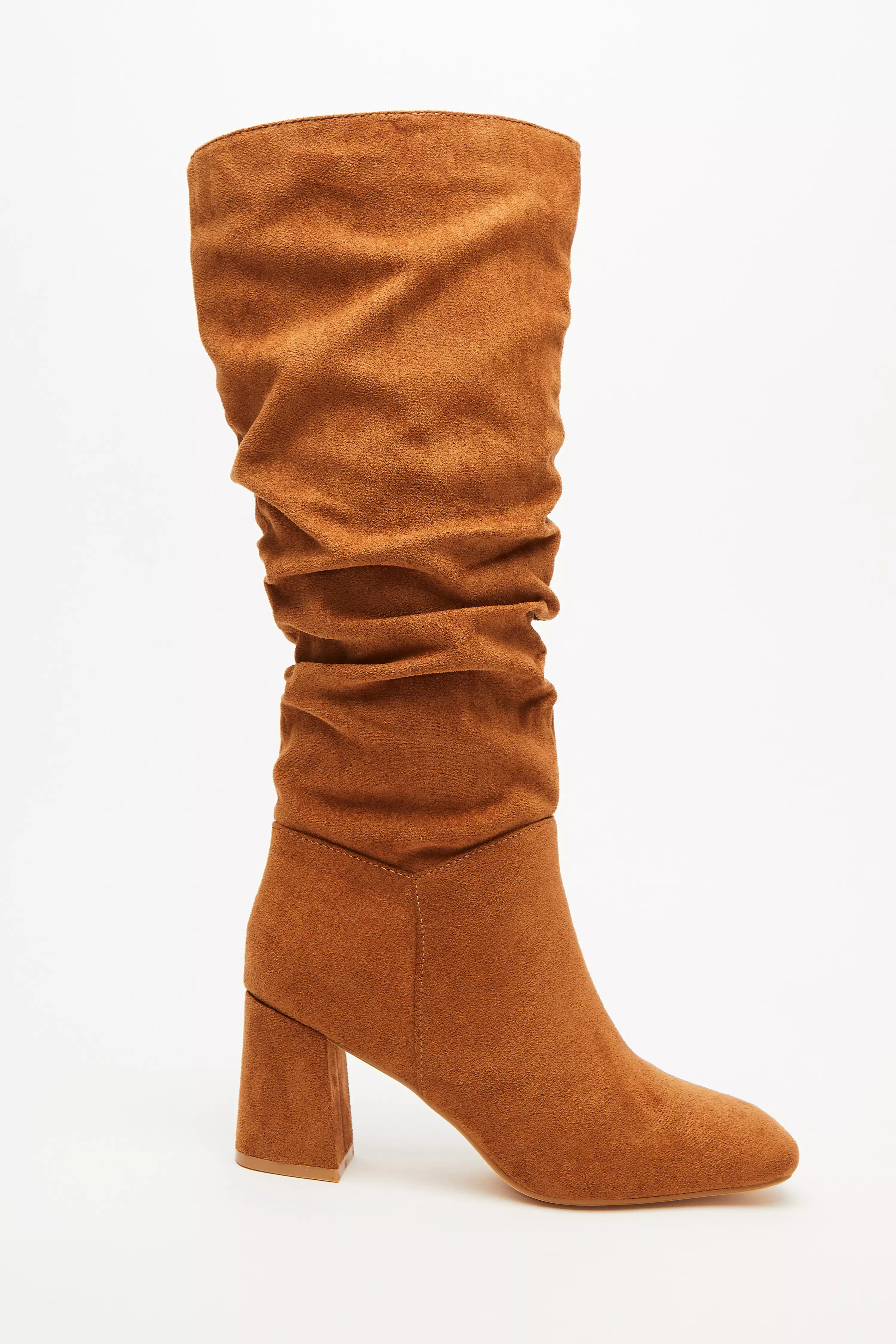 Tan Faux Suede Ruched Heeled Boots