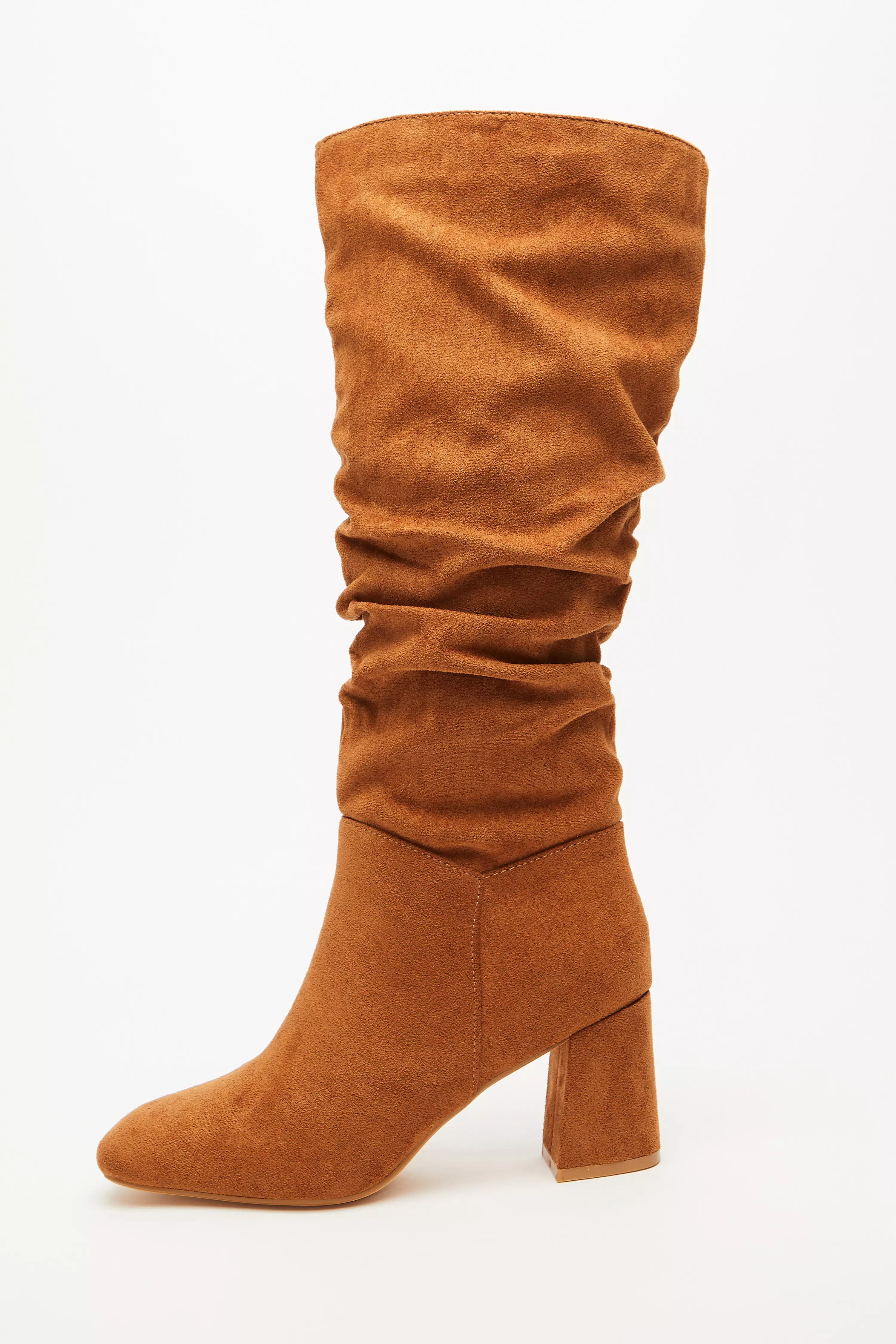 Tan Faux Suede Ruched Heeled Boots