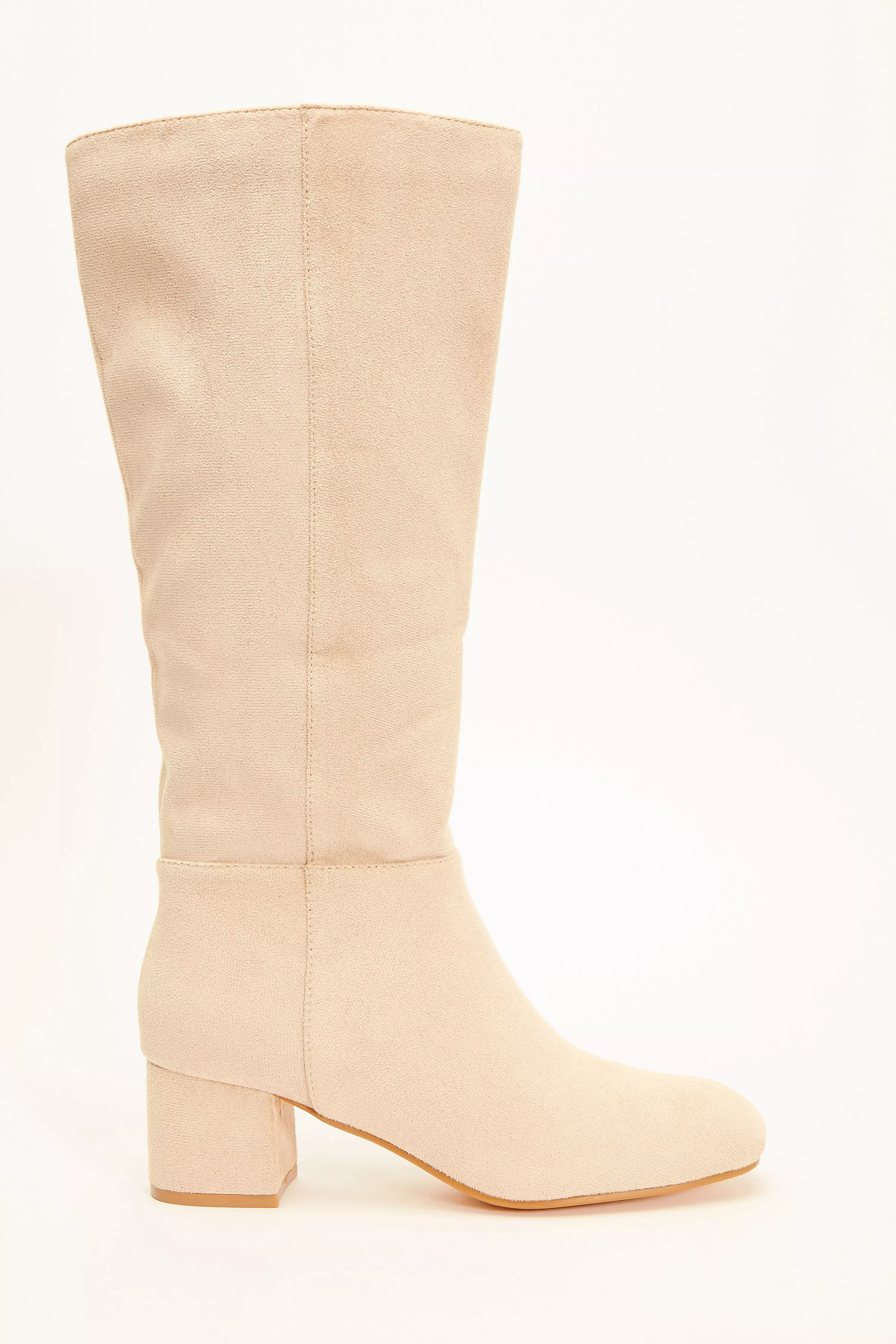 Cream Faux Suede Knee High Boots