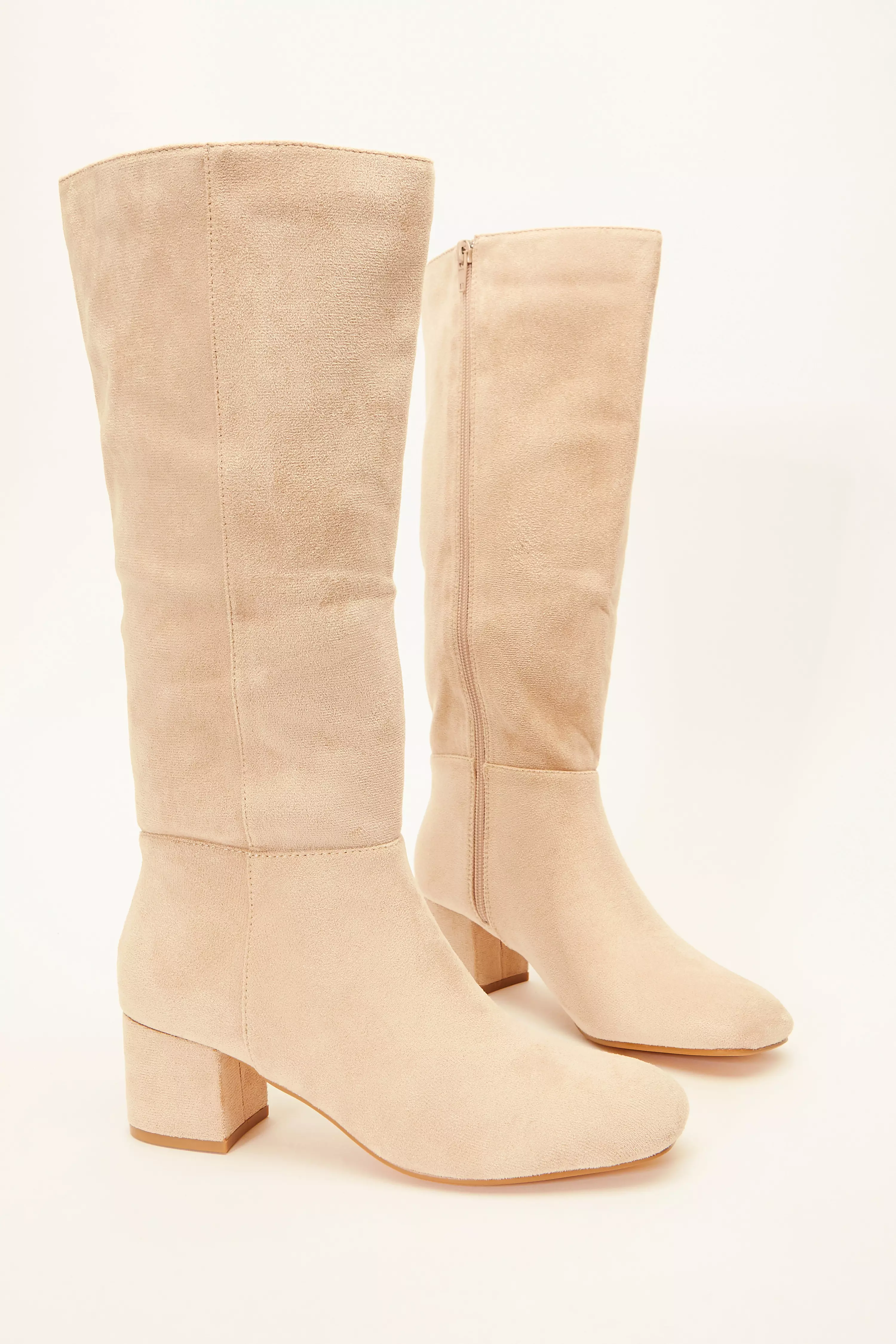 Cream Faux Suede Knee High Boots