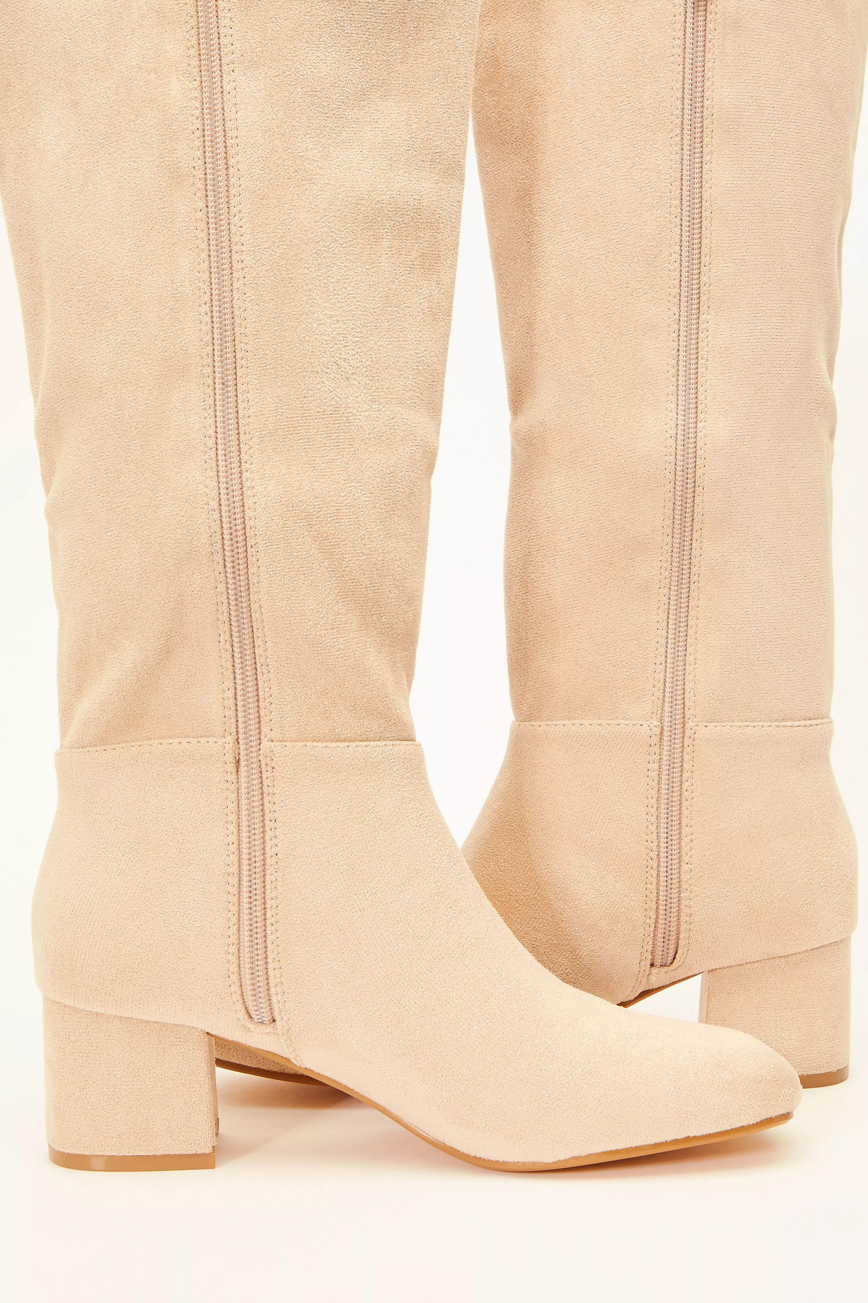 Cream Faux Suede Knee High Boots