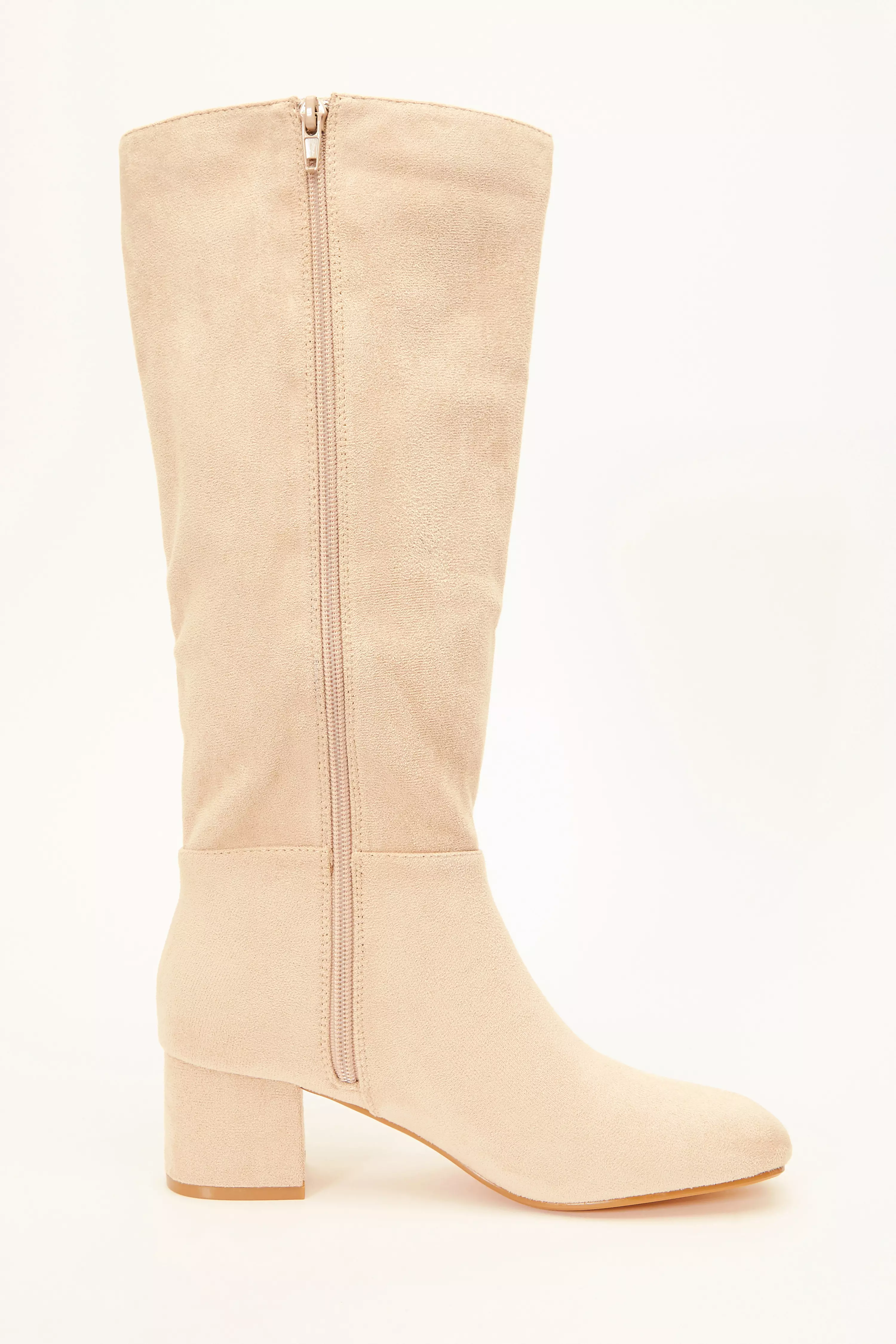 Cream Faux Suede Knee High Boots