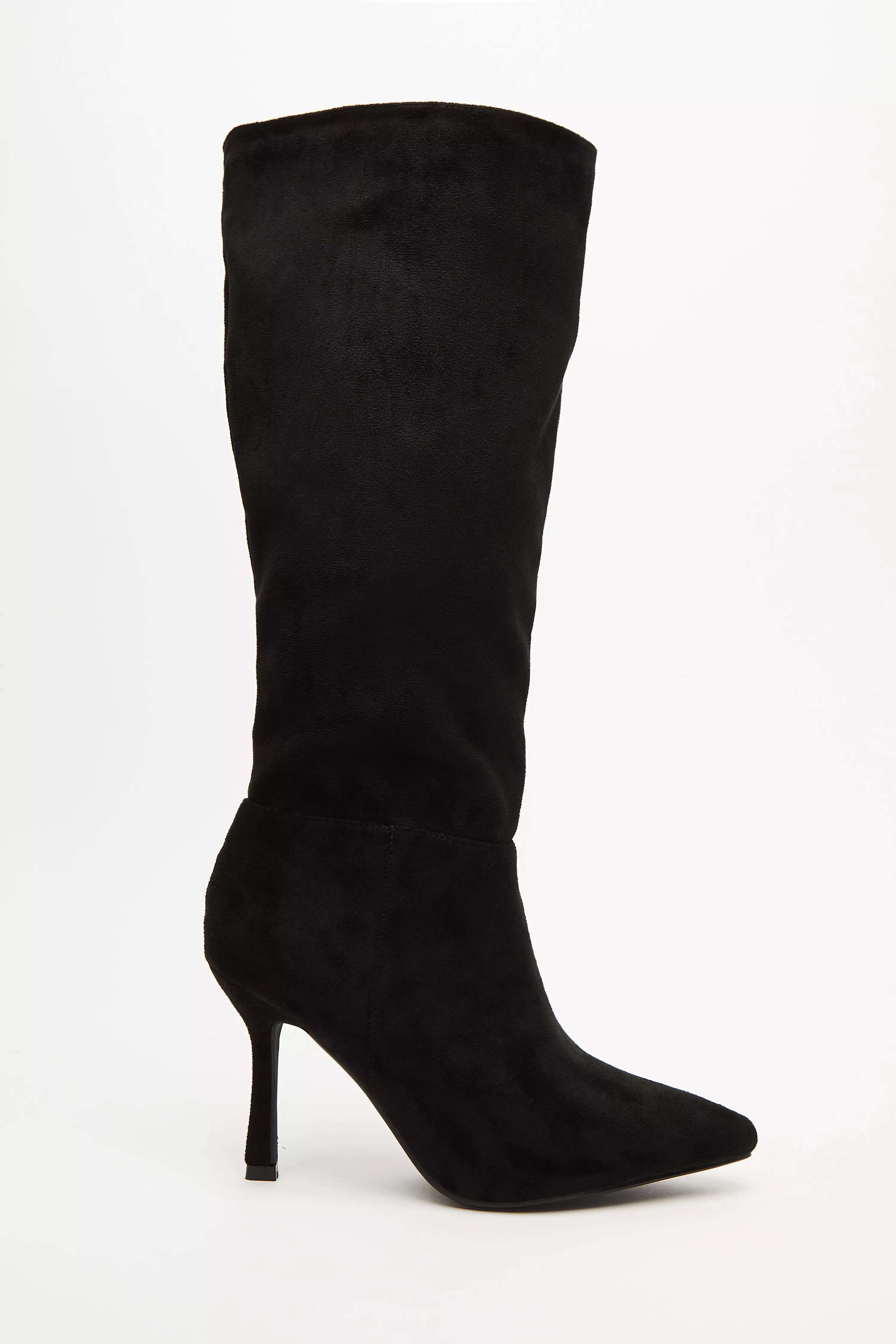 Black Faux Suede Knee High Heeled Boots
