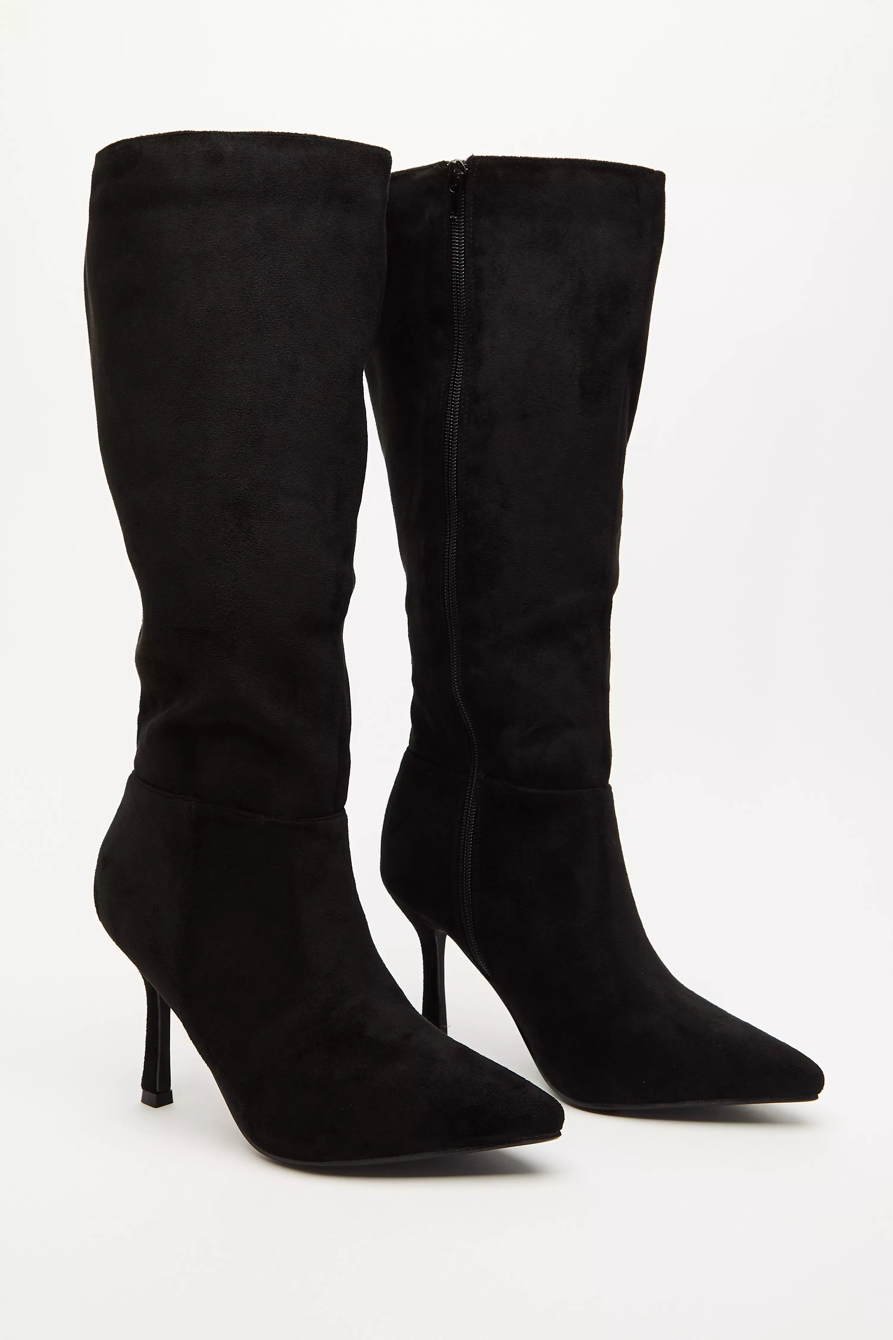 Black Faux Suede Knee High Heeled Boots