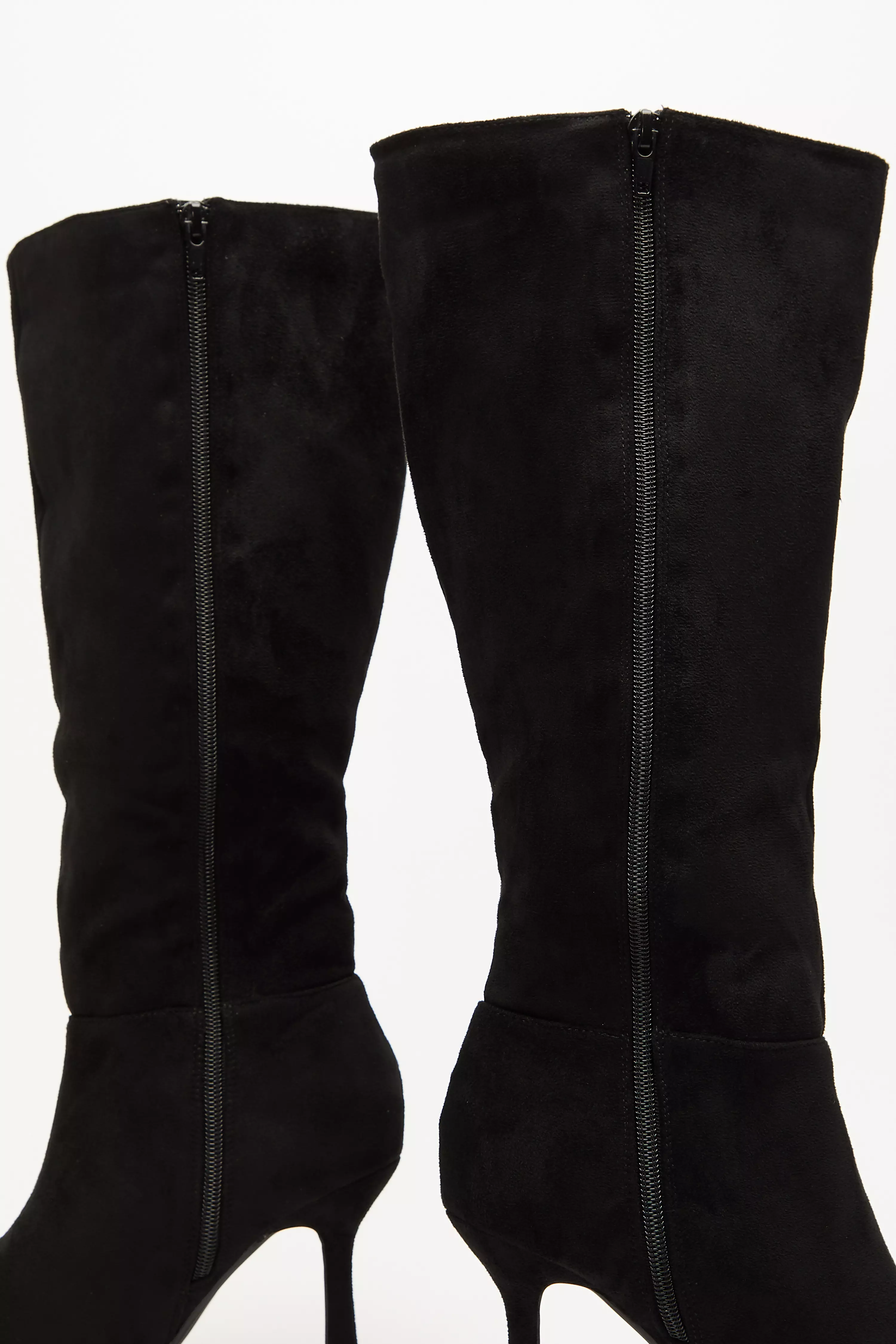 Black Faux Suede Knee High Heeled Boots