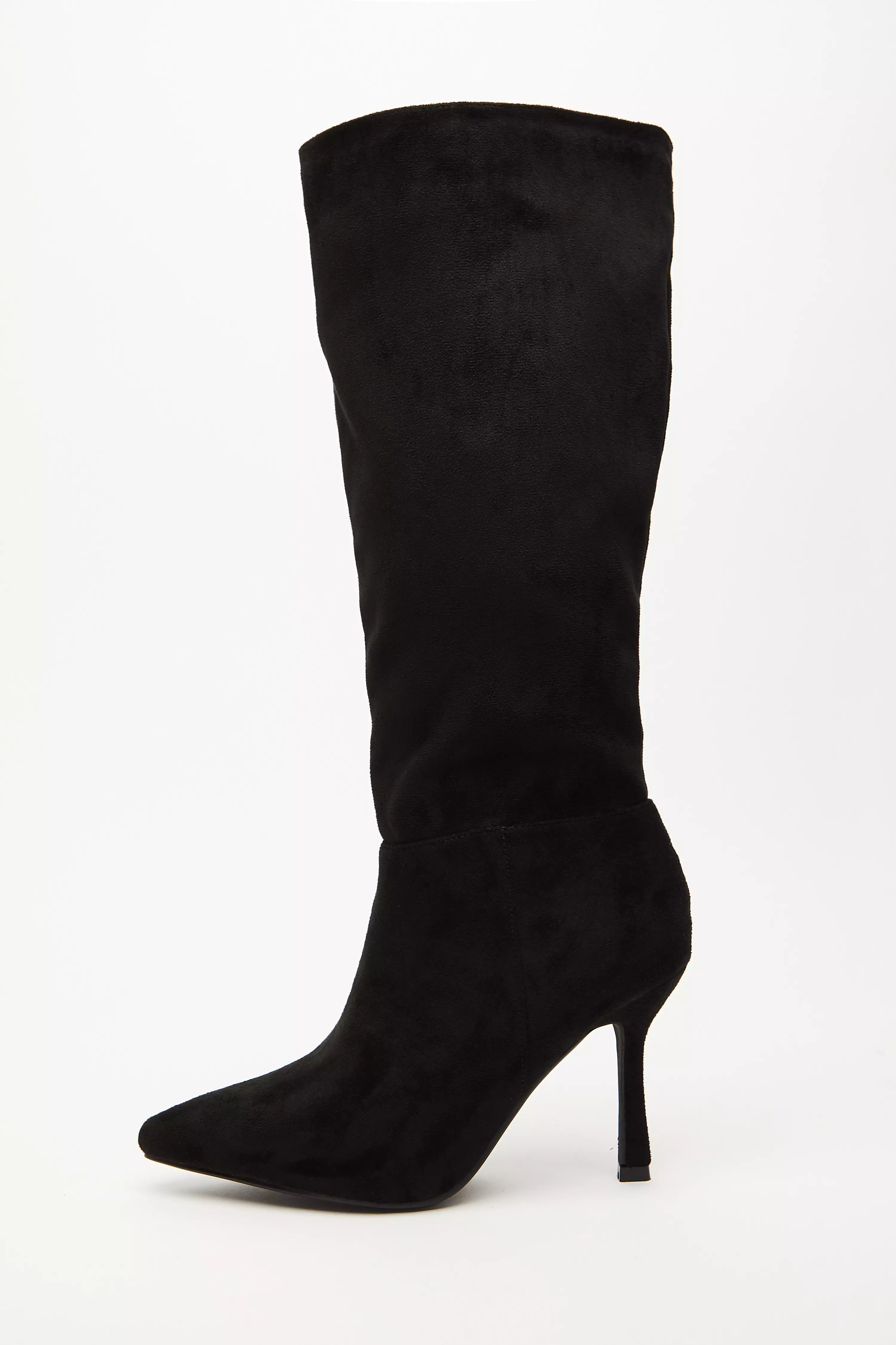 Black Faux Suede Knee High Heeled Boots