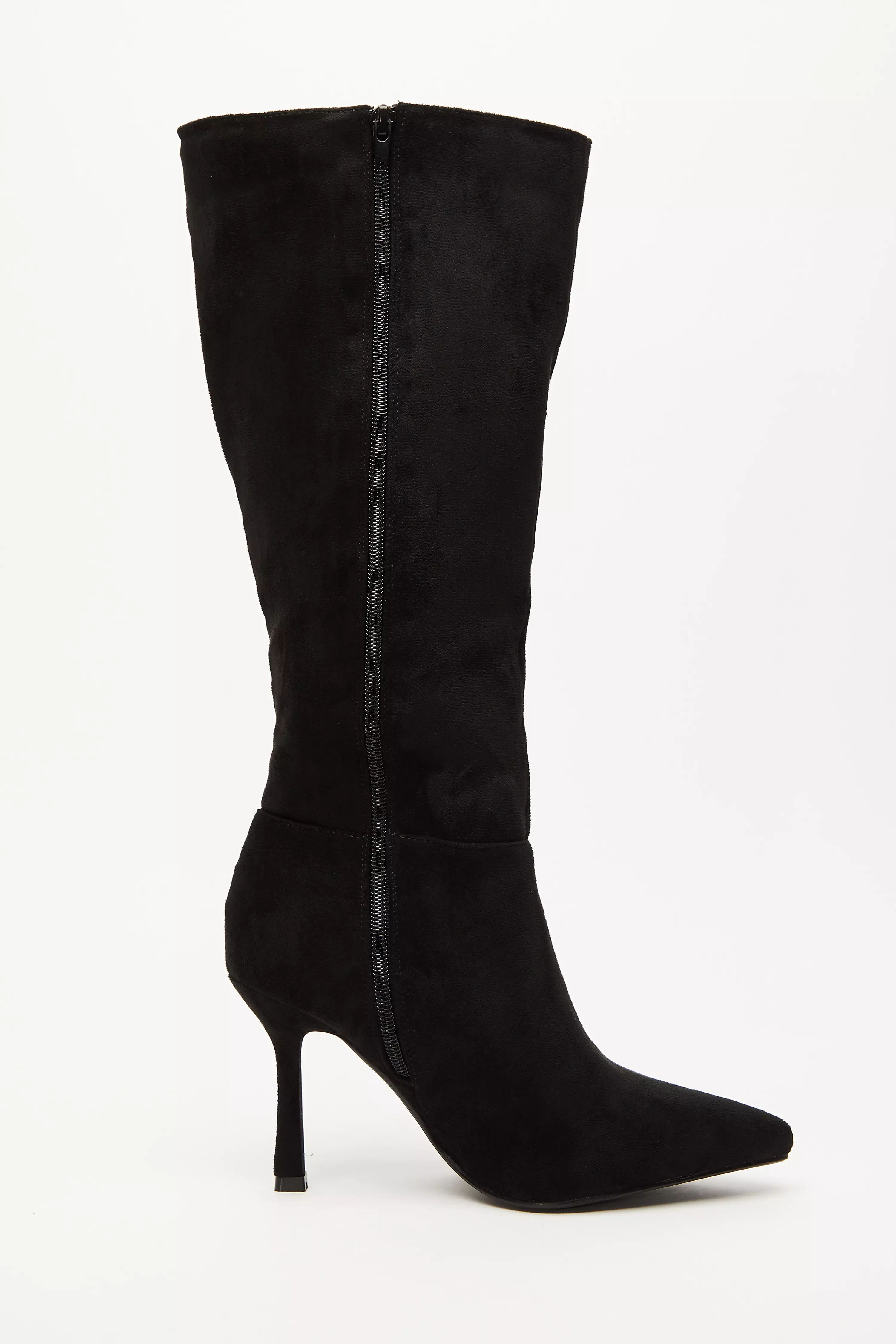 Black Faux Suede Knee High Heeled Boots