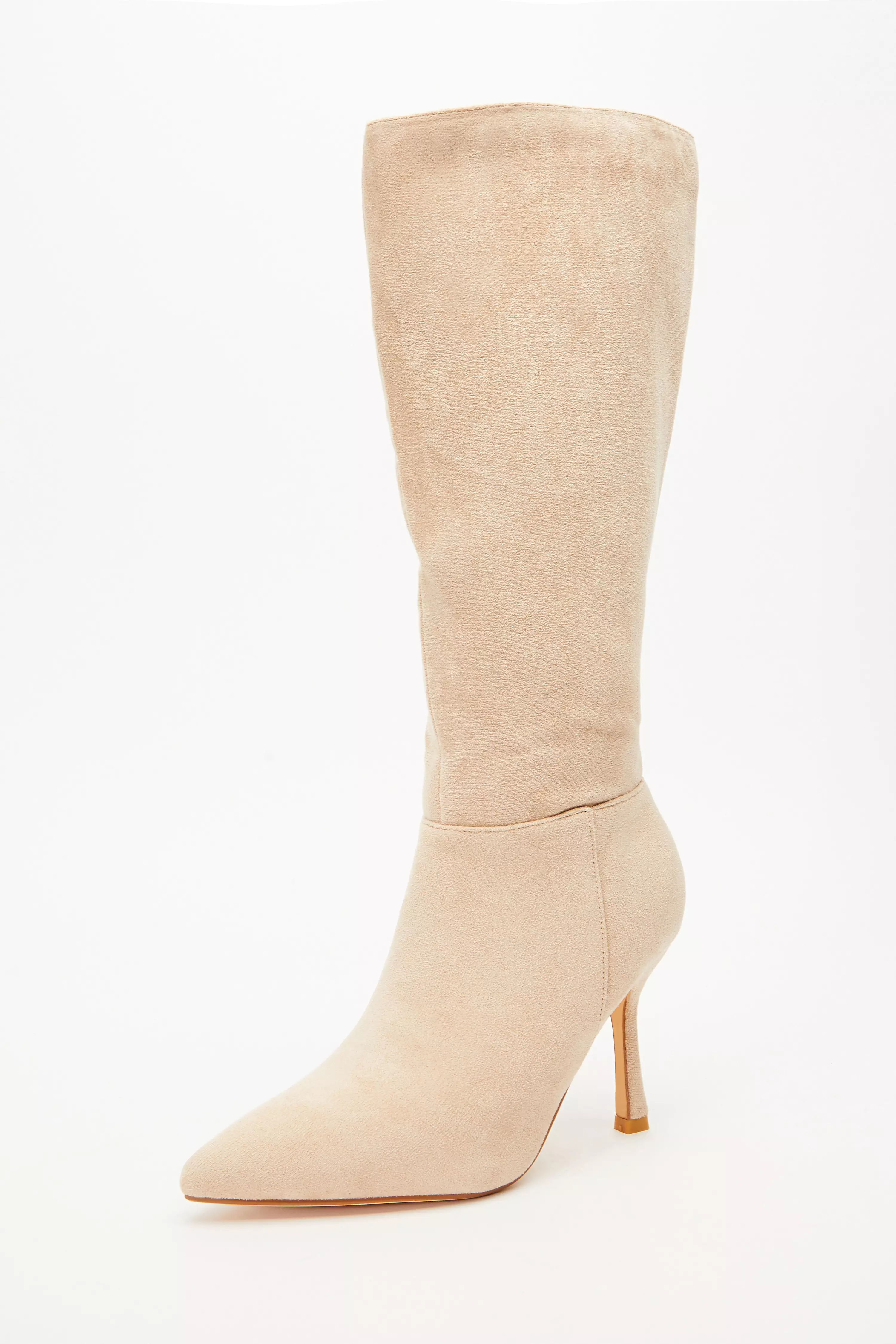 Cream Faux Suede Knee High Heeled Boots