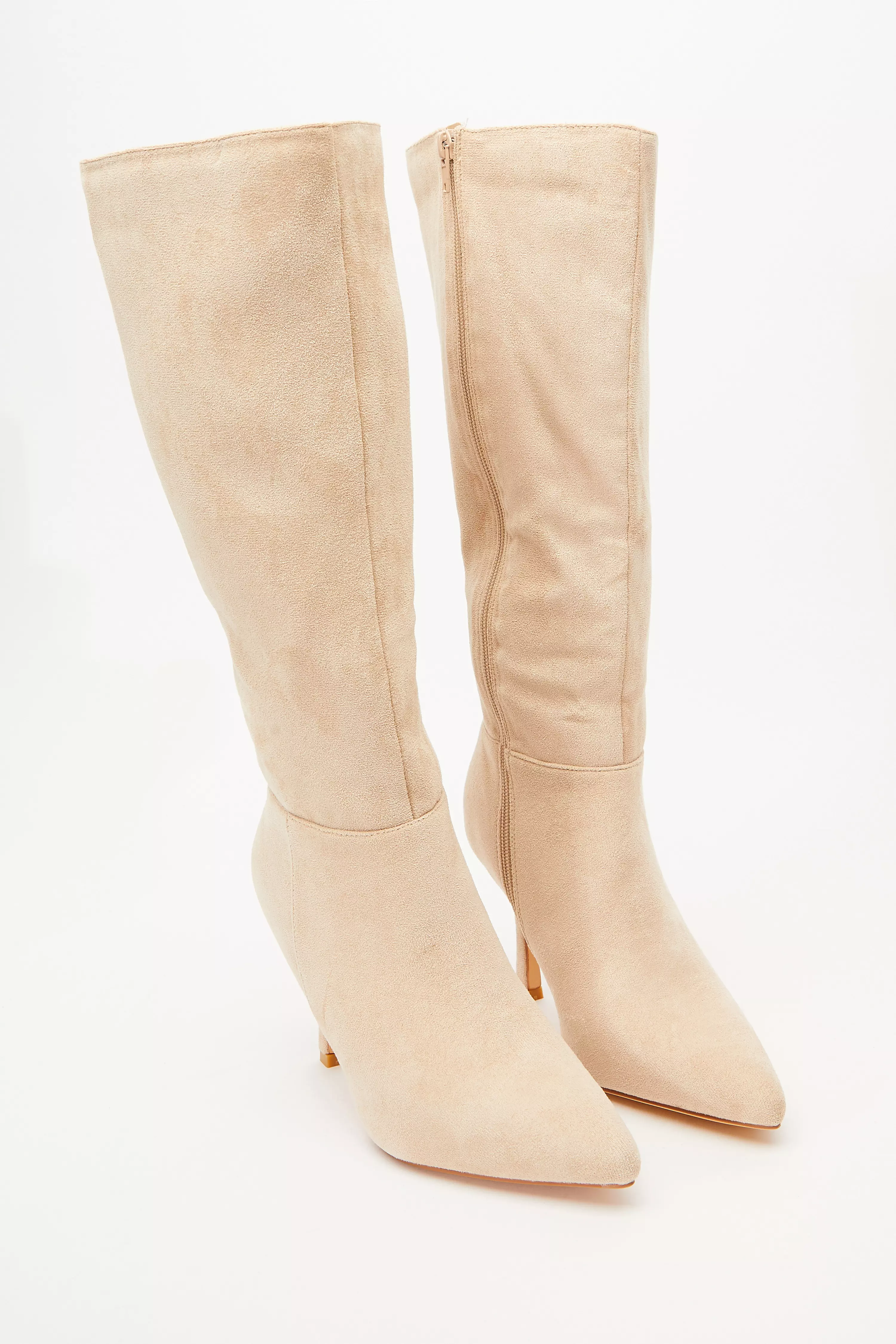 Cream Faux Suede Knee High Heeled Boots