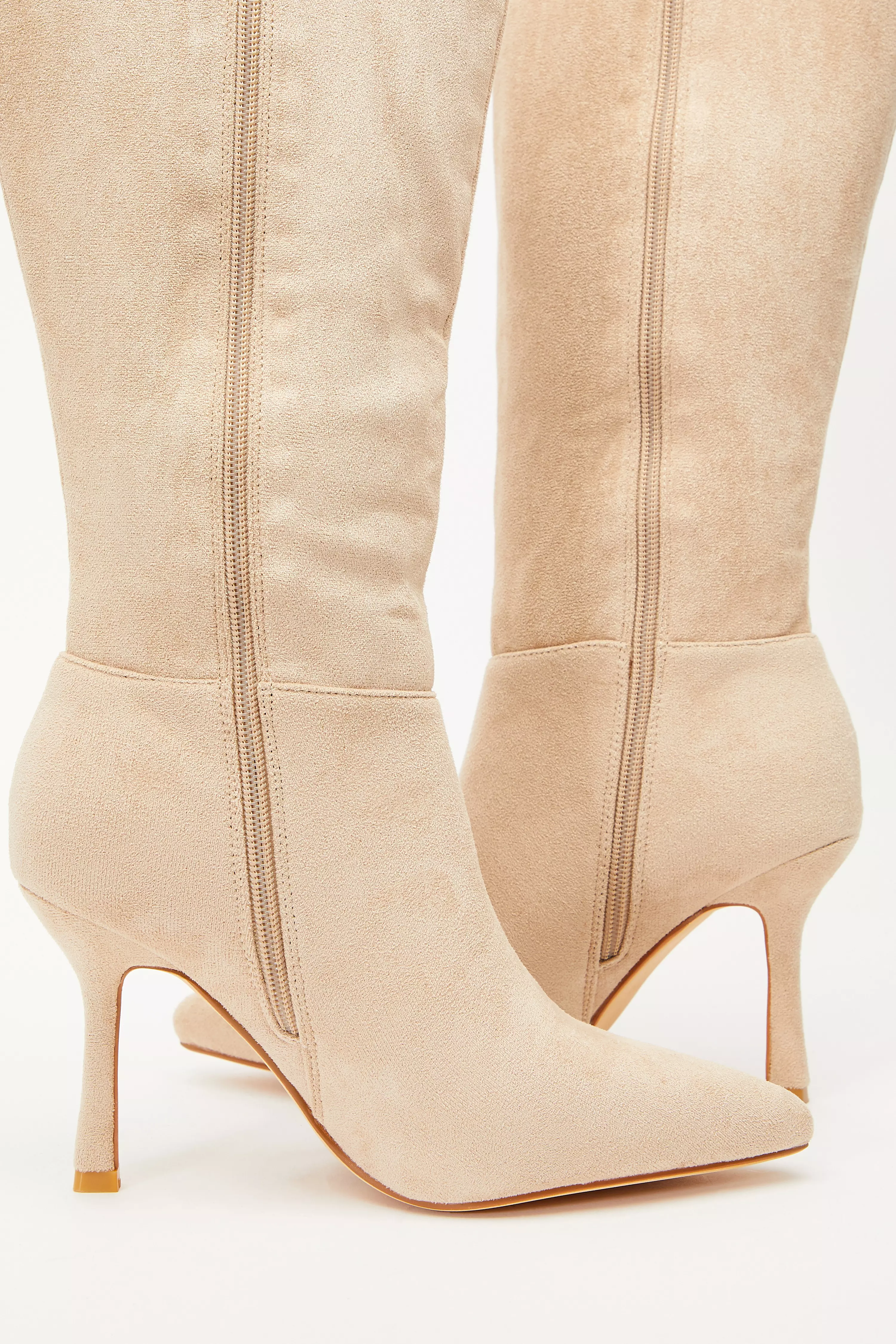 Cream Faux Suede Knee High Heeled Boots