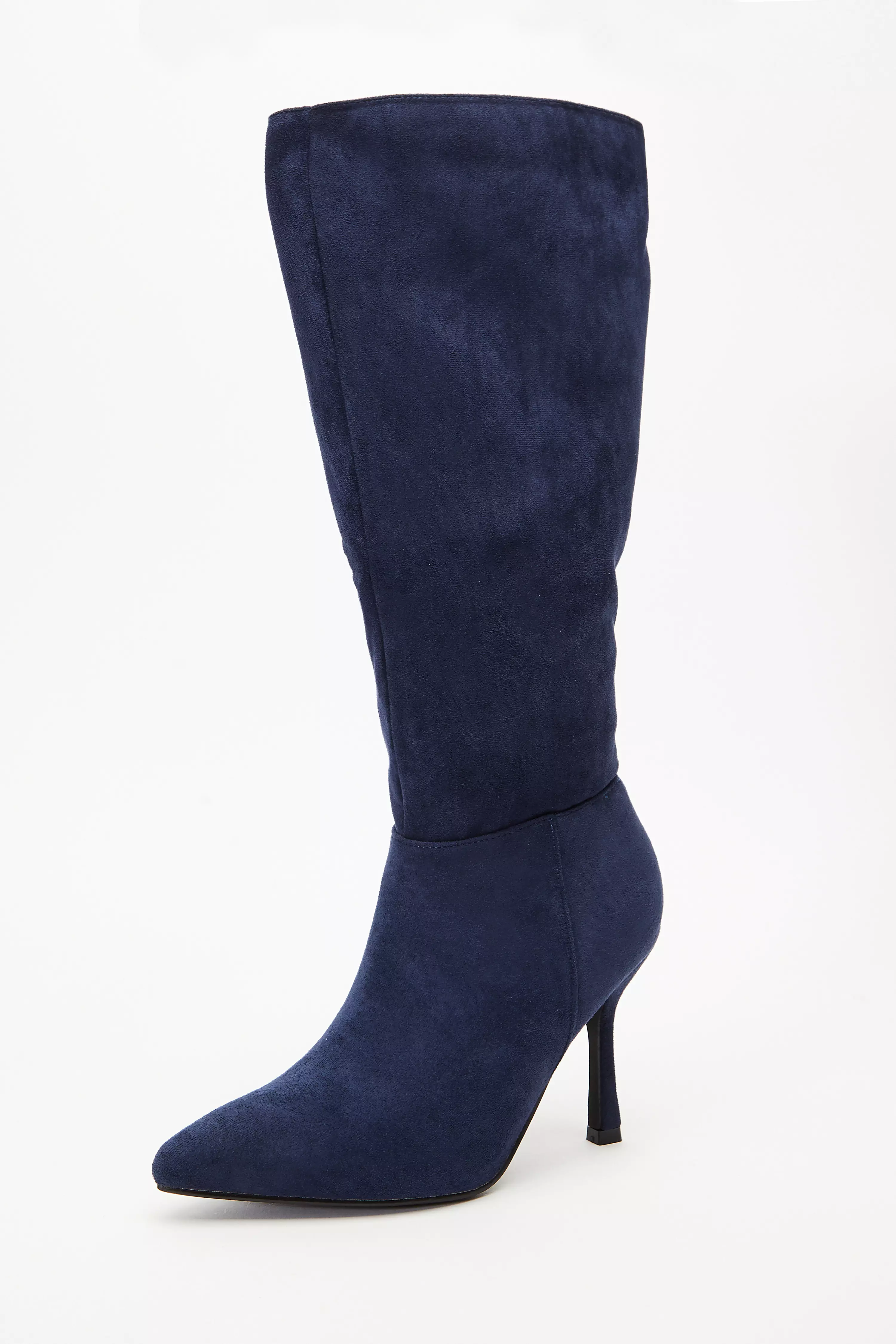 Navy Faux Suede Knee High Heeled Boots