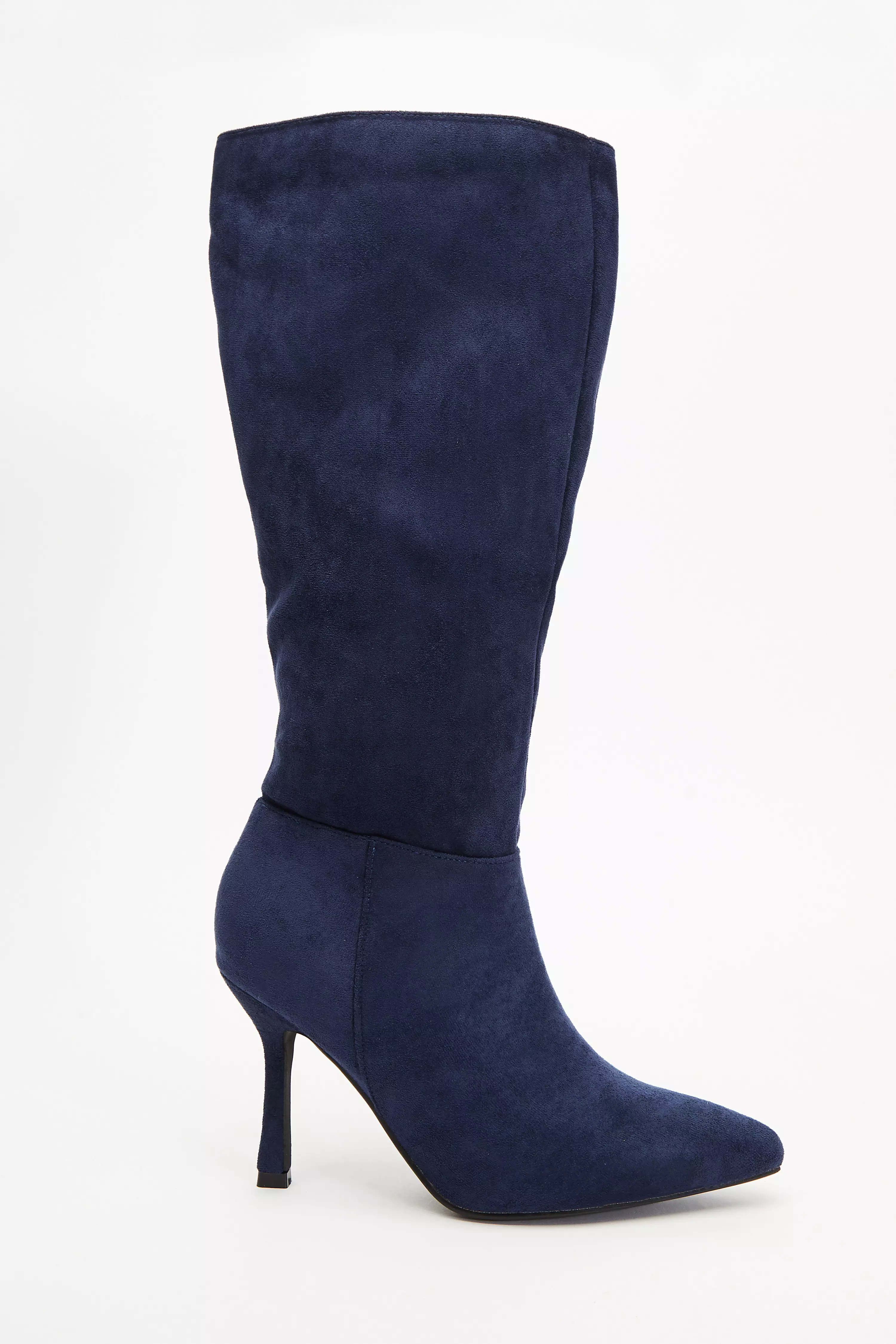 Navy Faux Suede Knee High Heeled Boots