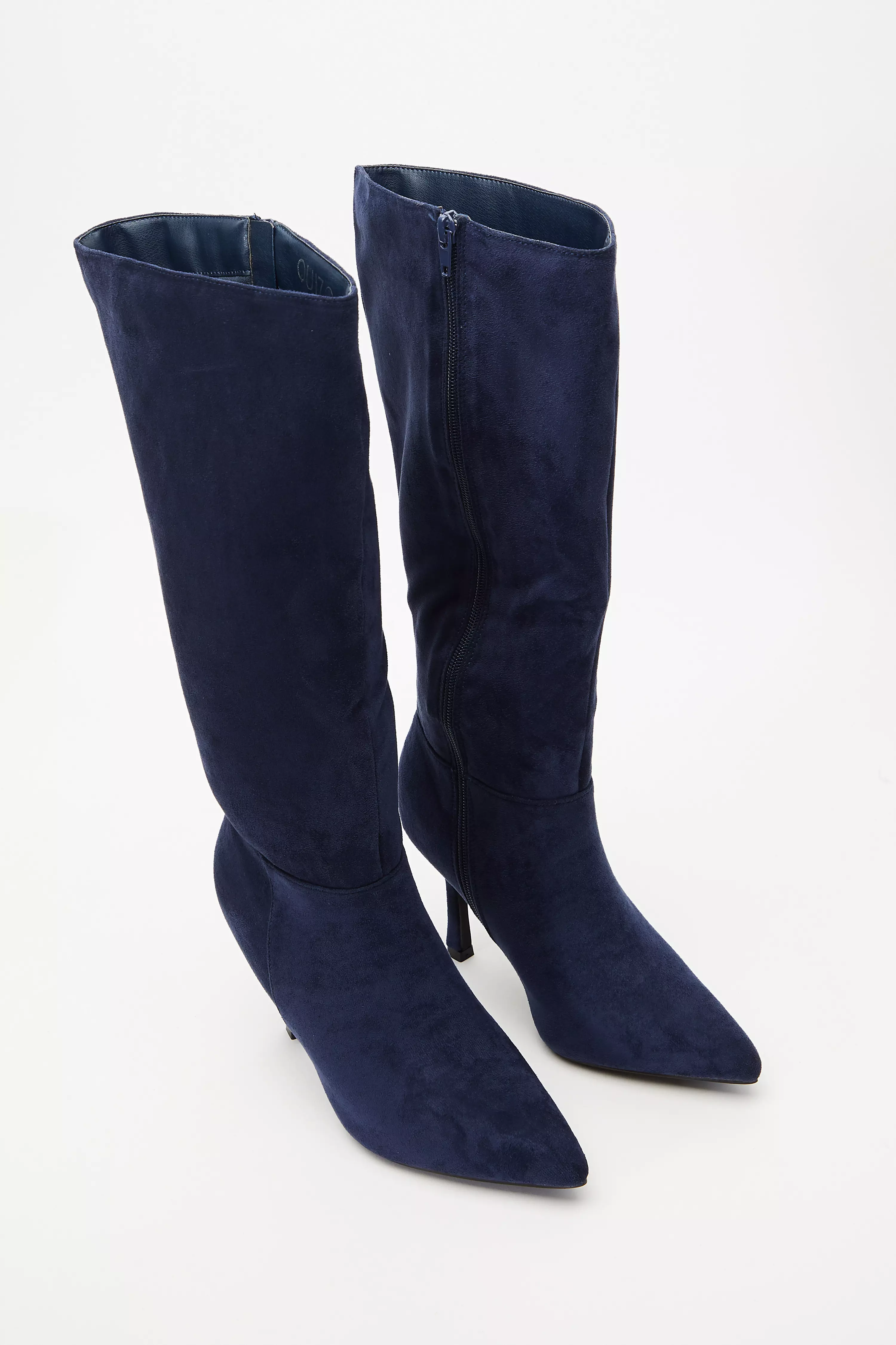 Navy Faux Suede Knee High Heeled Boots