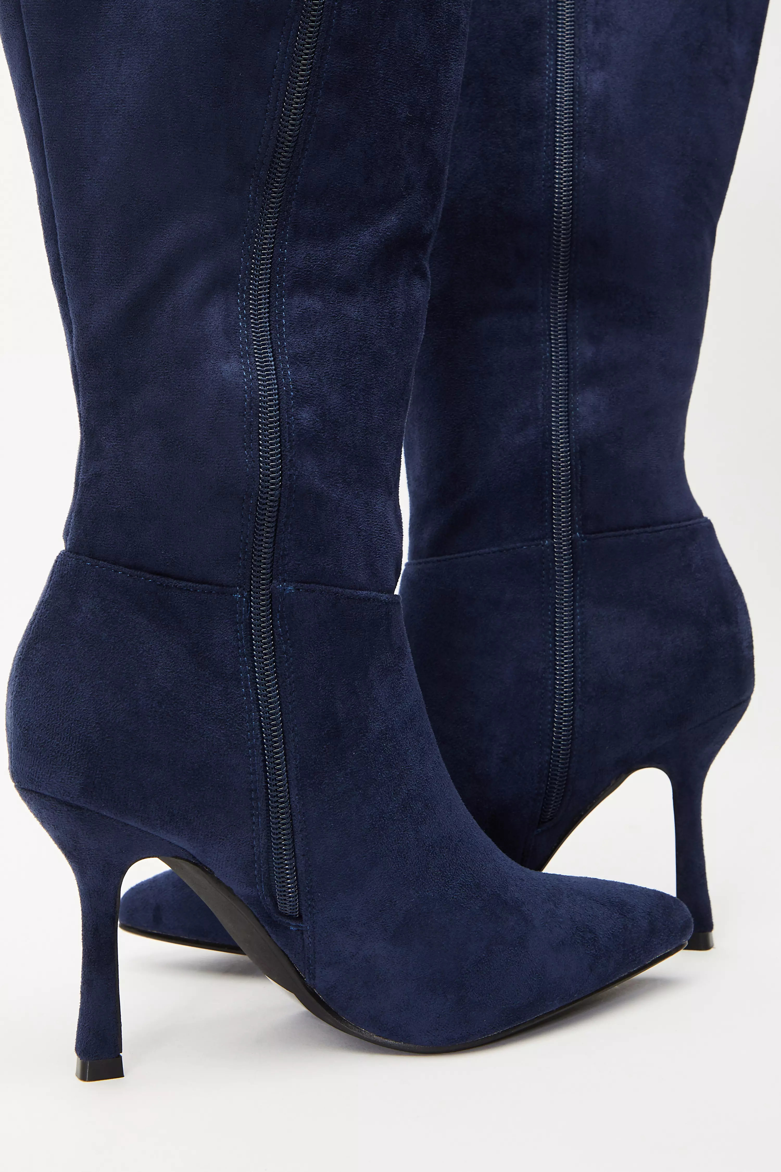 Navy Faux Suede Knee High Heeled Boots