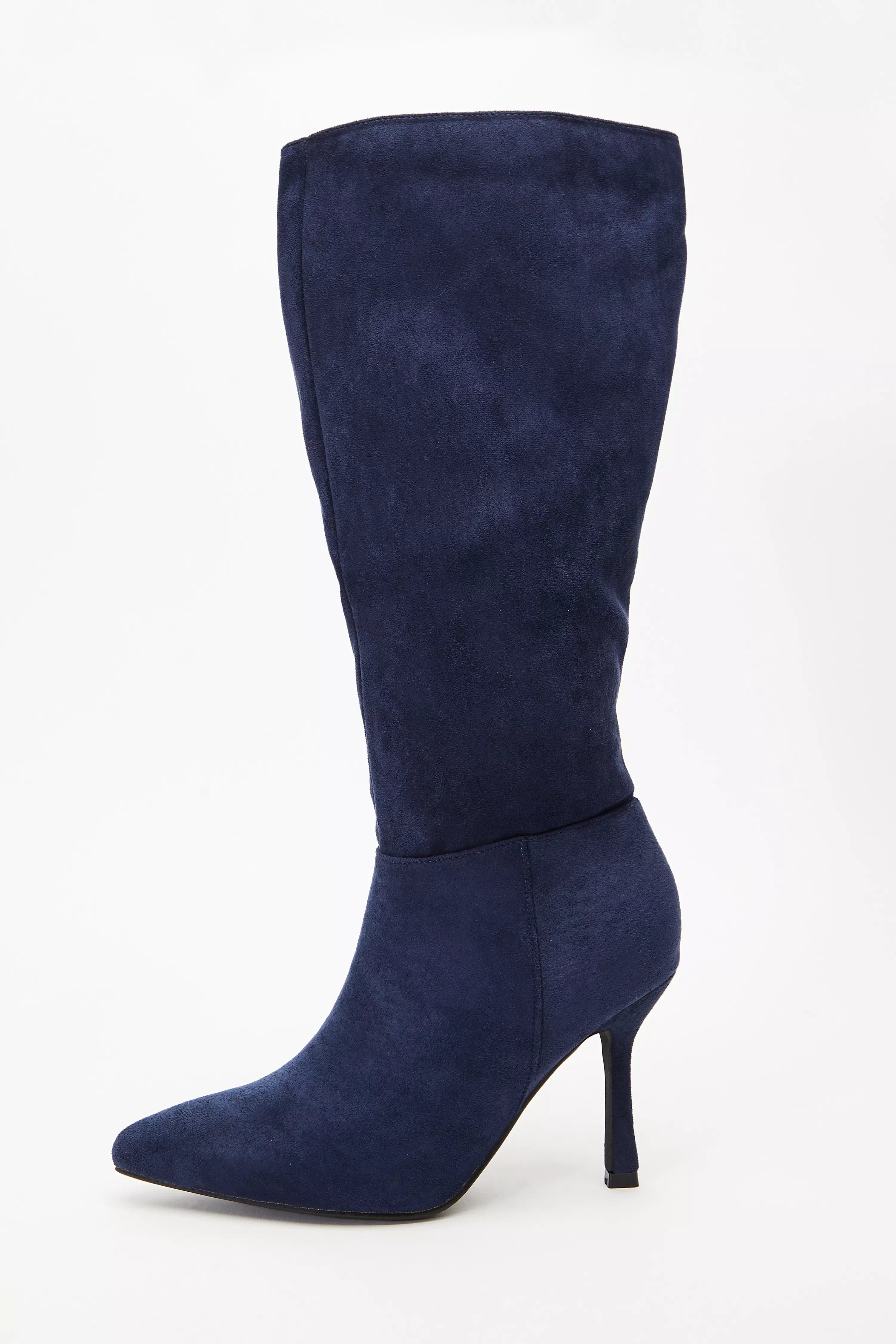 Navy Faux Suede Knee High Heeled Boots