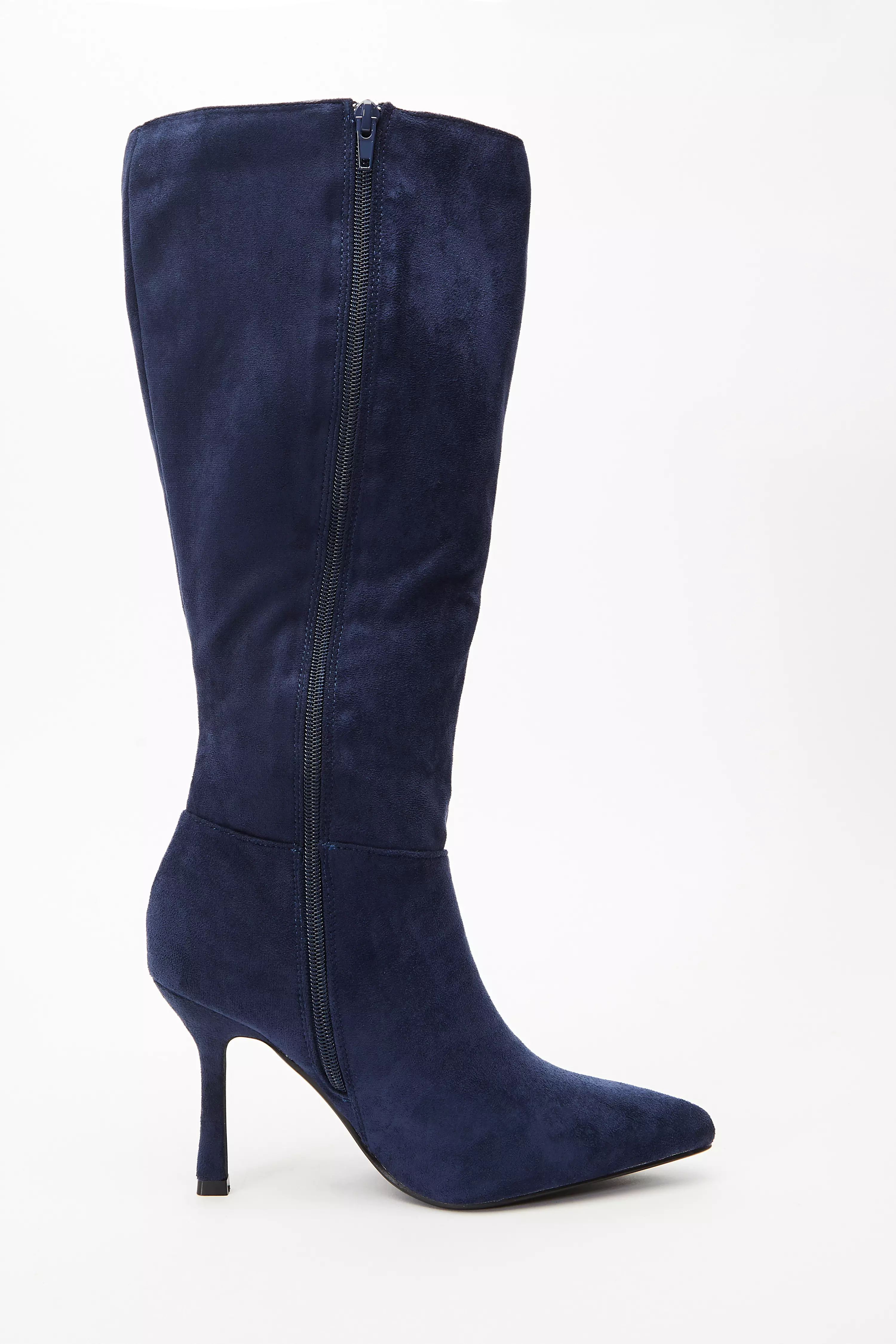 Navy Faux Suede Knee High Heeled Boots