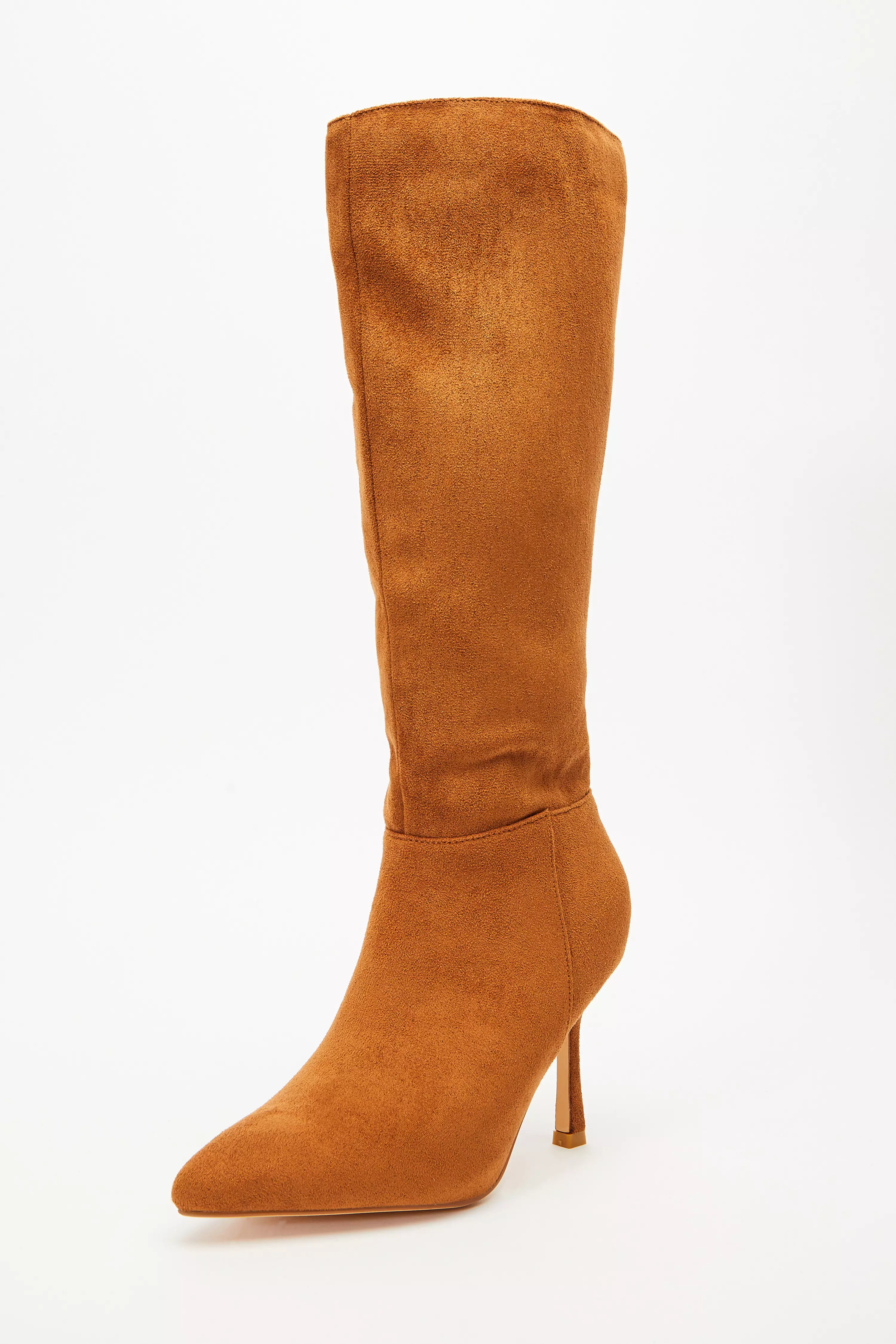 Tan Faux Suede Knee High Heeled Boots