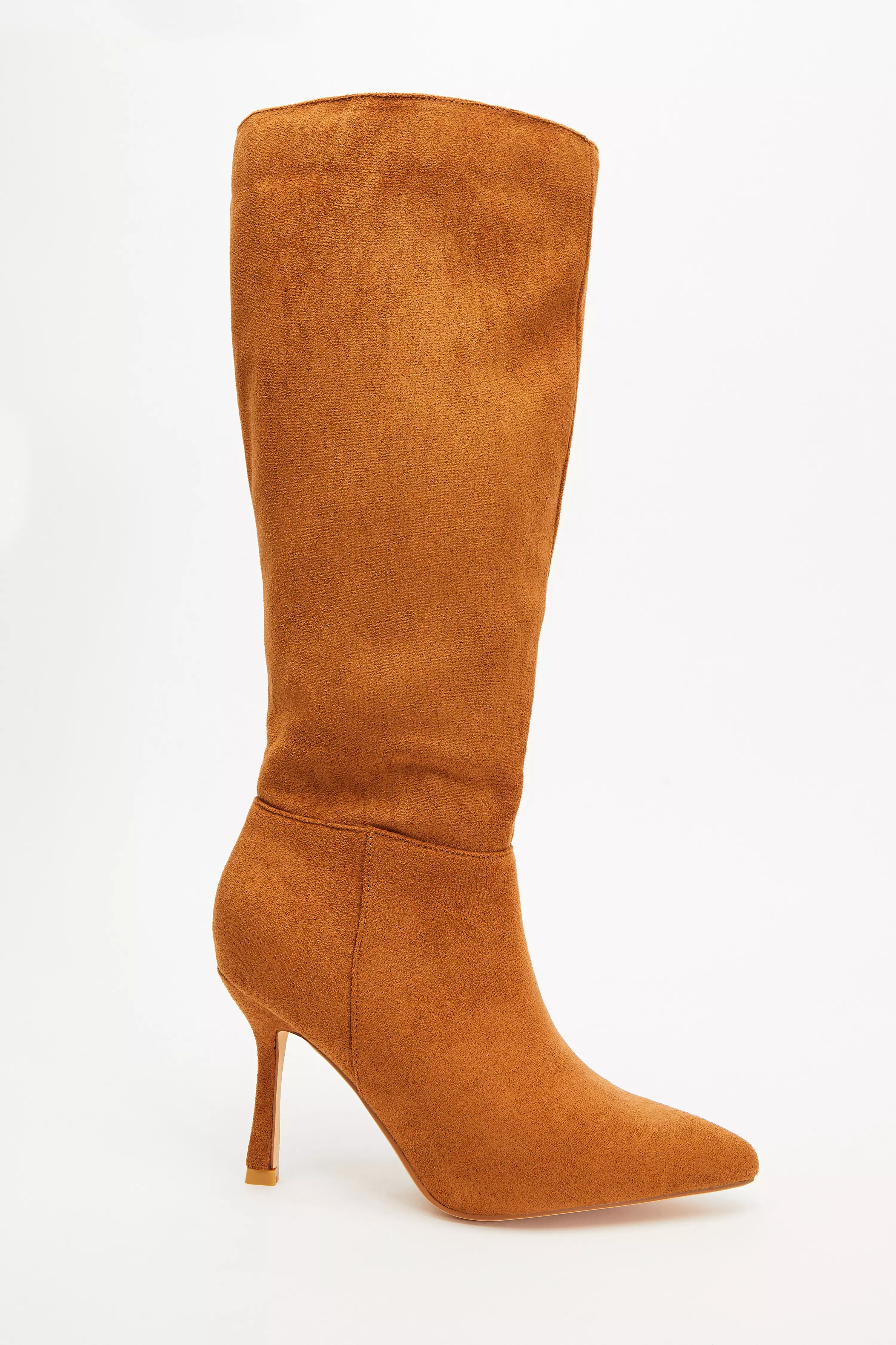Tan Faux Suede Knee High Heeled Boots