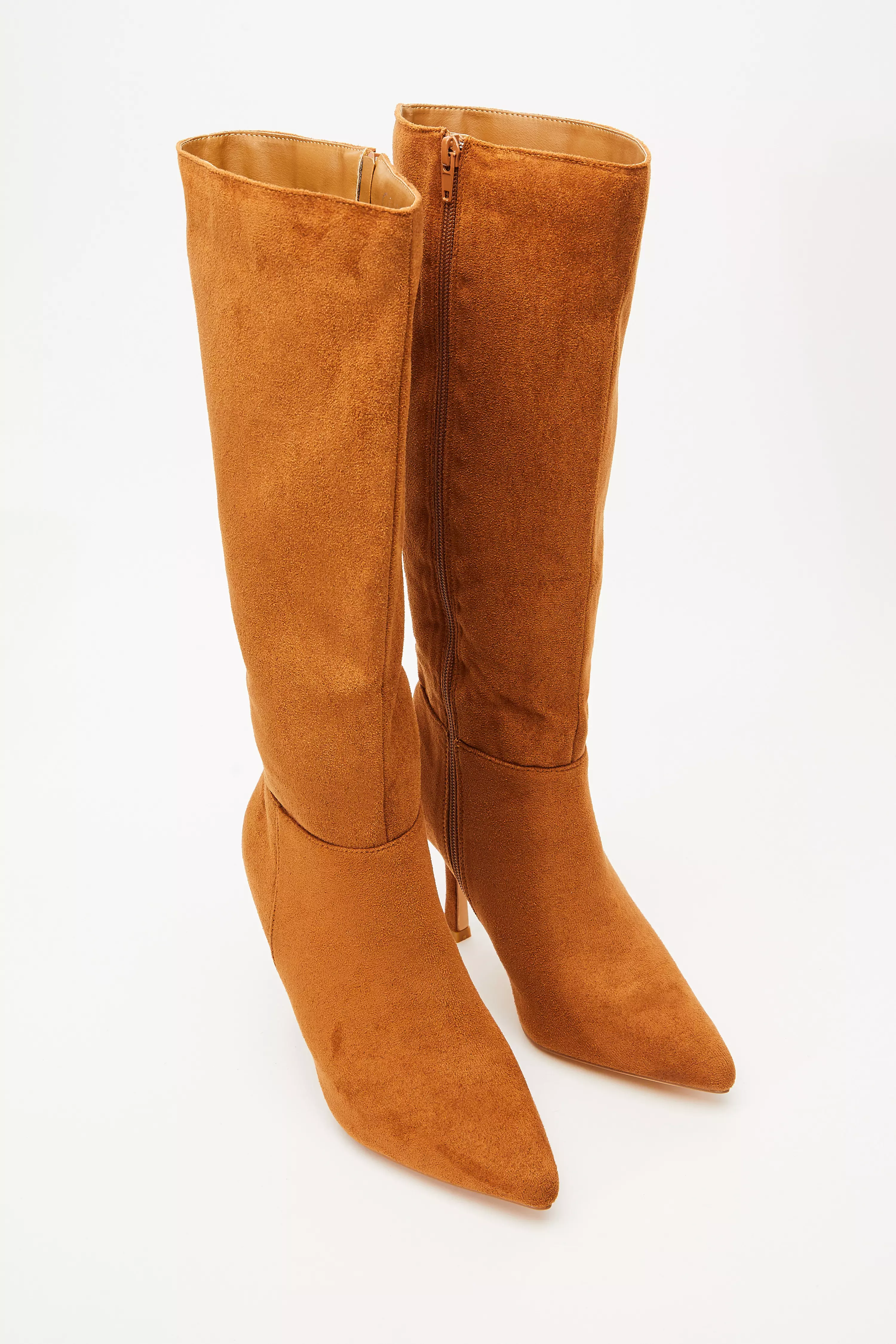 Tan Faux Suede Knee High Heeled Boots