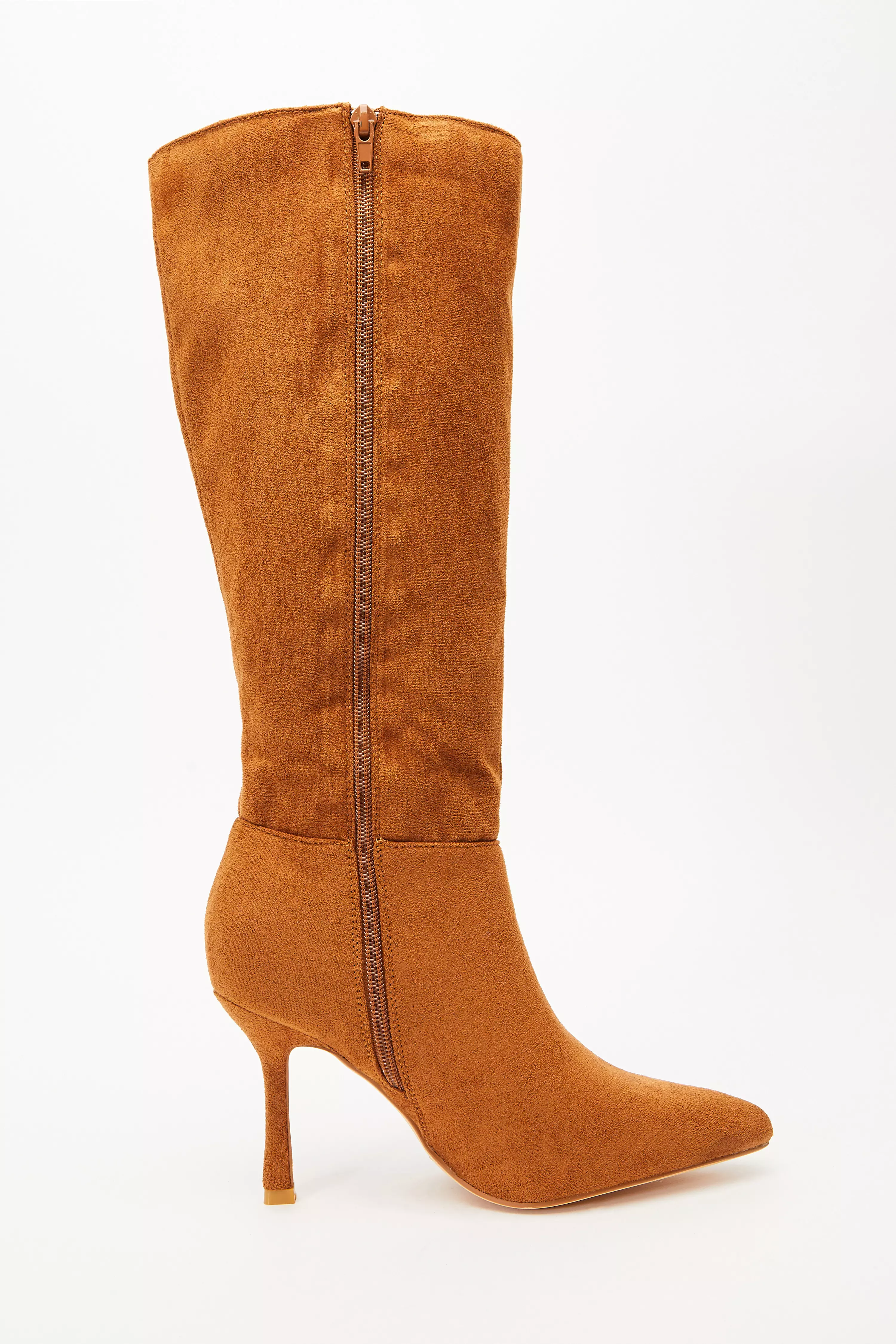 Tan Faux Suede Knee High Heeled Boots