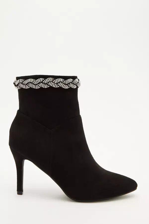 Black Faux Suede Pleated Heeled Ankle Boots