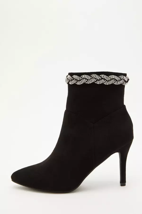 Black Faux Suede Pleated Heeled Ankle Boots