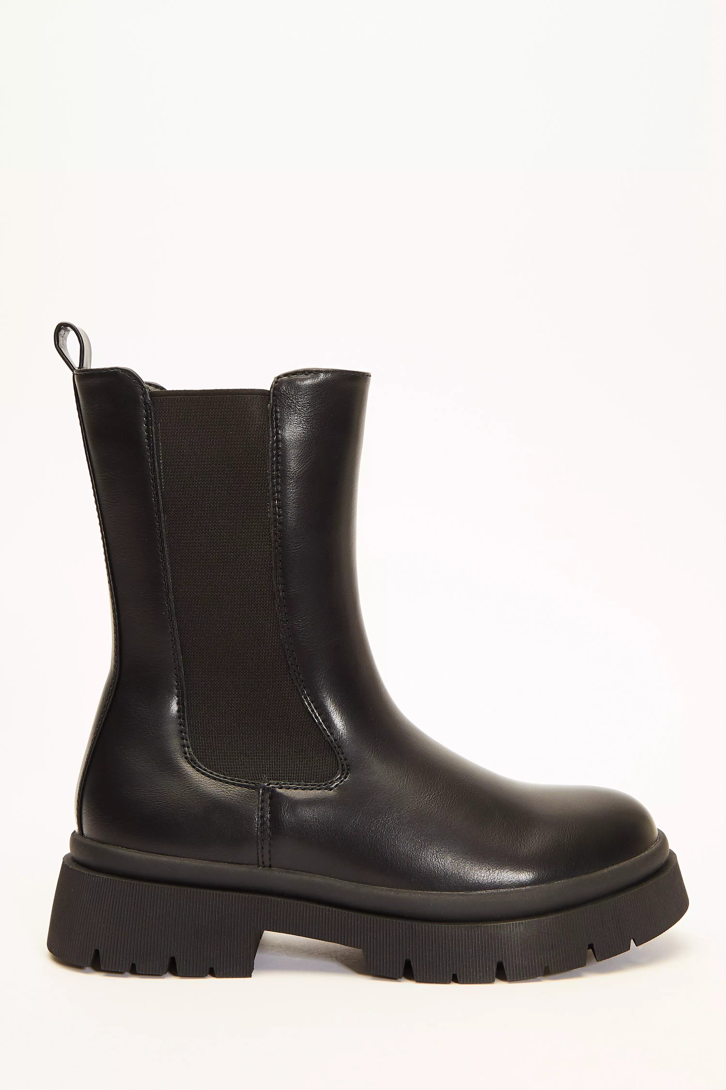 Black Faux Leather Chunky Chelsea Boots