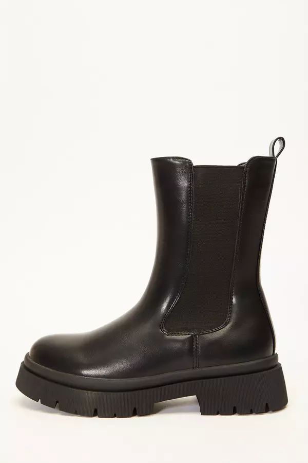 Black Faux Leather Chunky Chelsea Boots
