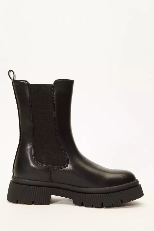 Black Faux Leather Chunky Chelsea Boots