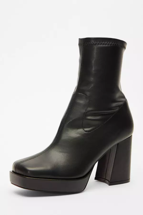 Black Faux Leather Platform Heeled Ankle Boots